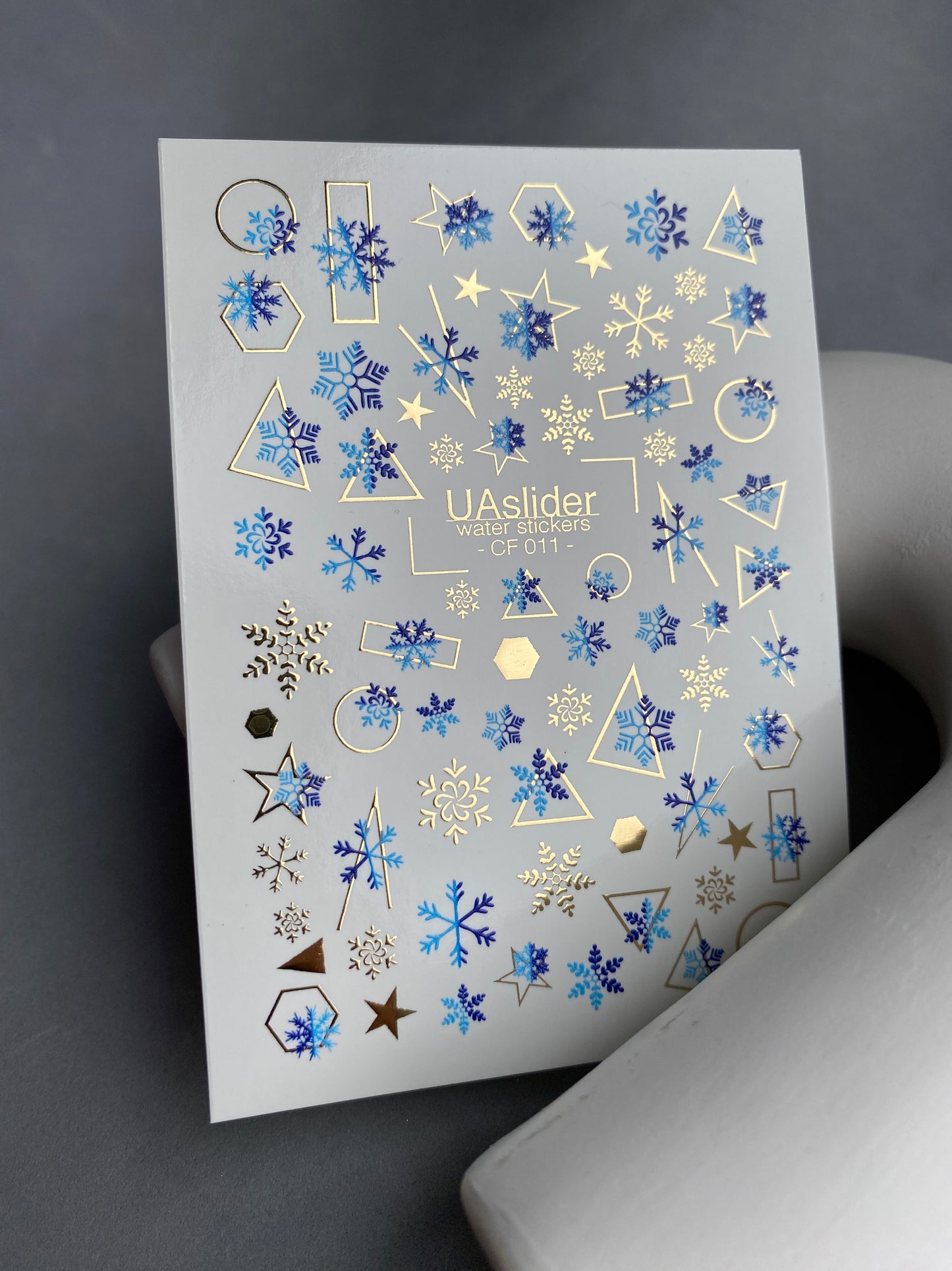 Nail Water Decal CF-011 | Winter Water Slide Nail Decals, Blue Snowflakes with Gold Foil Geometric Accents