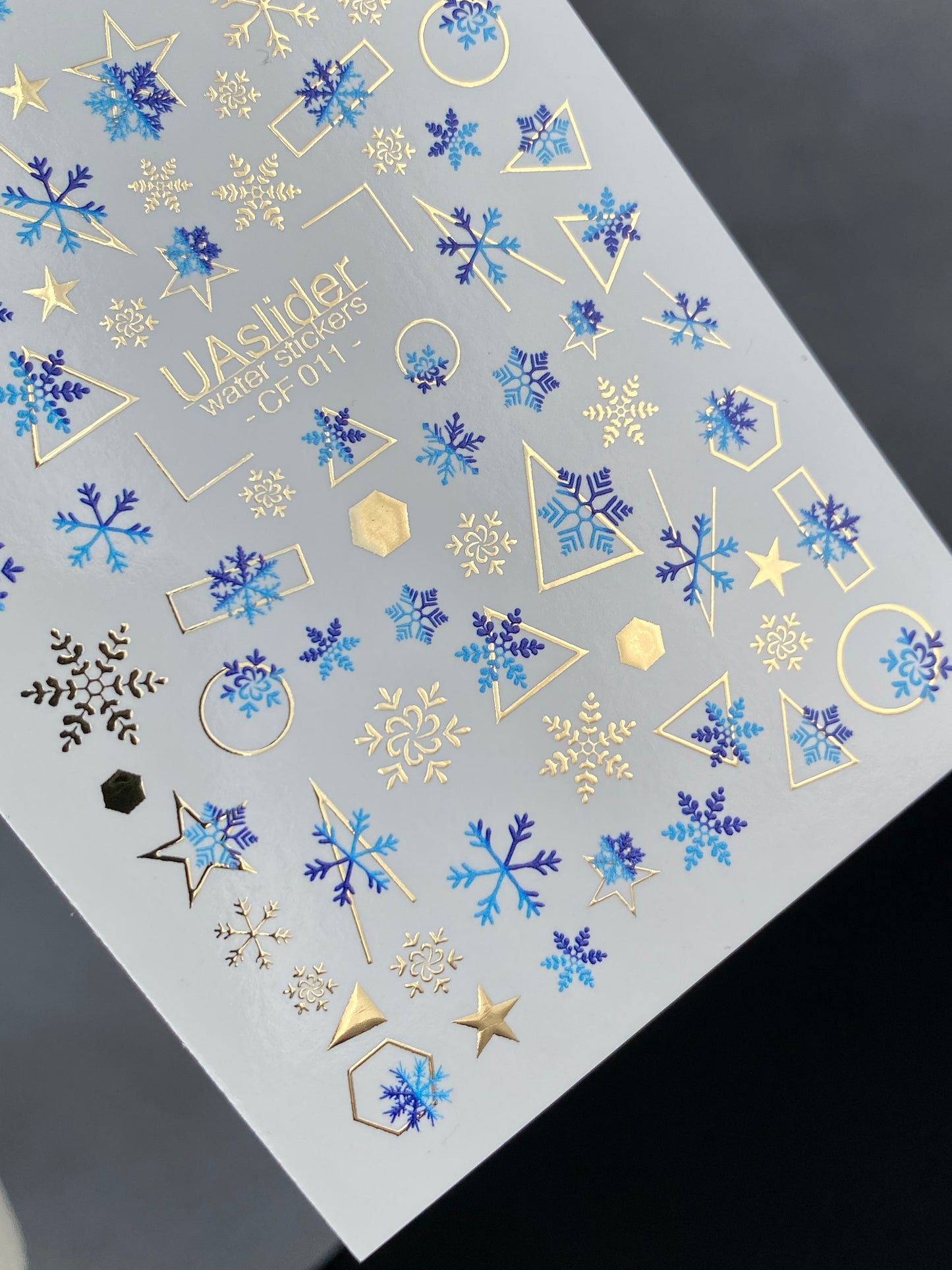 Nail Water Decal CF-011 | Winter Water Slide Nail Decals, Blue Snowflakes with Gold Foil Geometric Accents