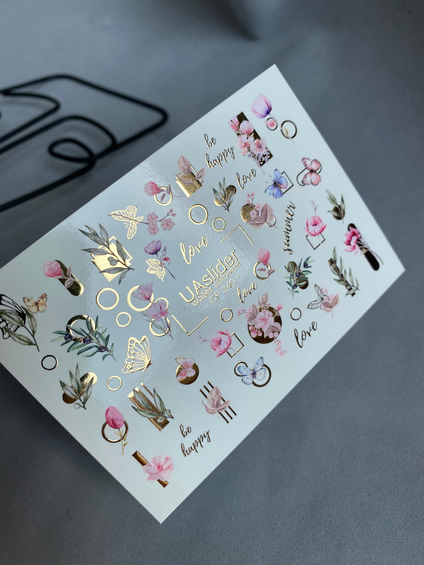 Nagel Wasserabziehbild CF-240 | Florale Wasser-Schiebefolien für Nägel | Rosa Blumen, Schmetterlinge & Goldene Geometrie