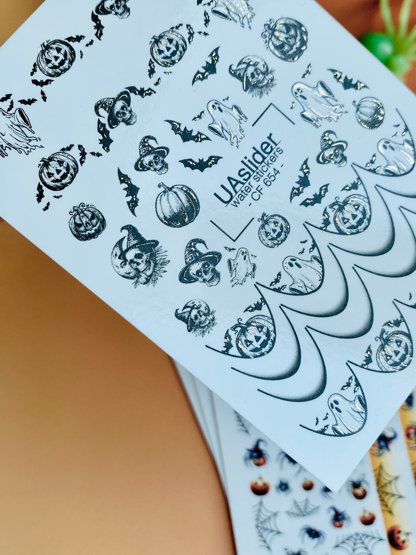 Nálepka na nehty CF-654 | Halloween vodní nálepky na nehty | Černobílé duchové, dýně a netopýři