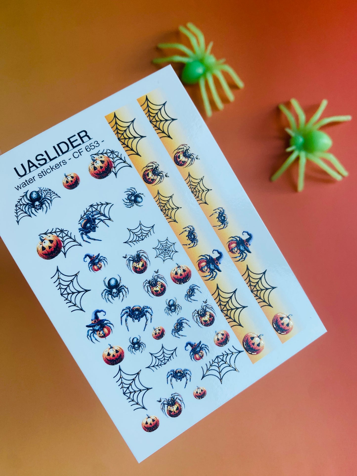 Nagel Wasserabziehbild CF-653 | Halloween Nagel Wasserabziehbilder | Kürbisse, Spinnen & Farbverlauf Netzstreifen
