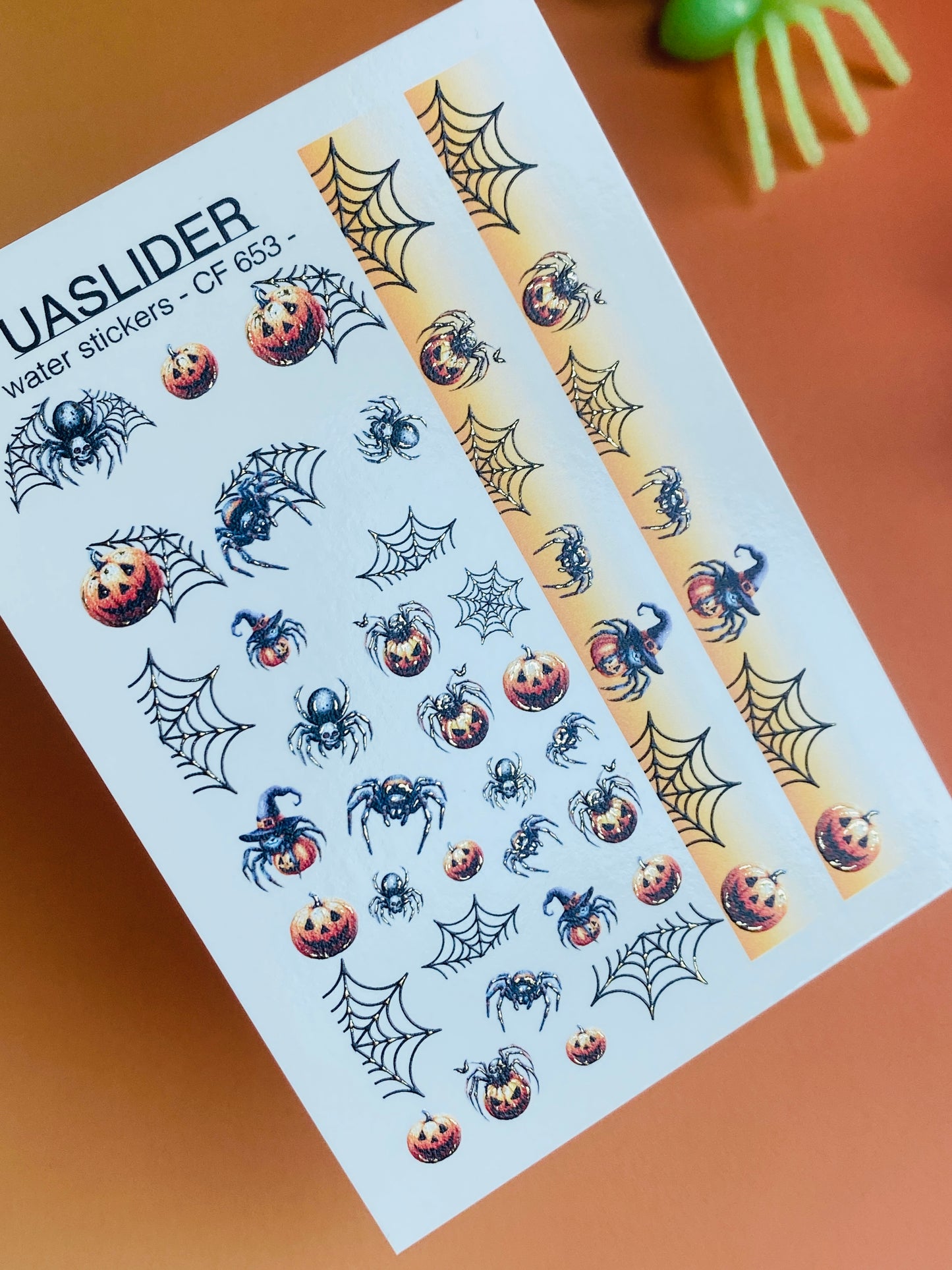 Nagel Wasserabziehbild CF-653 | Halloween Nagel Wasserabziehbilder | Kürbisse, Spinnen & Farbverlauf Netzstreifen