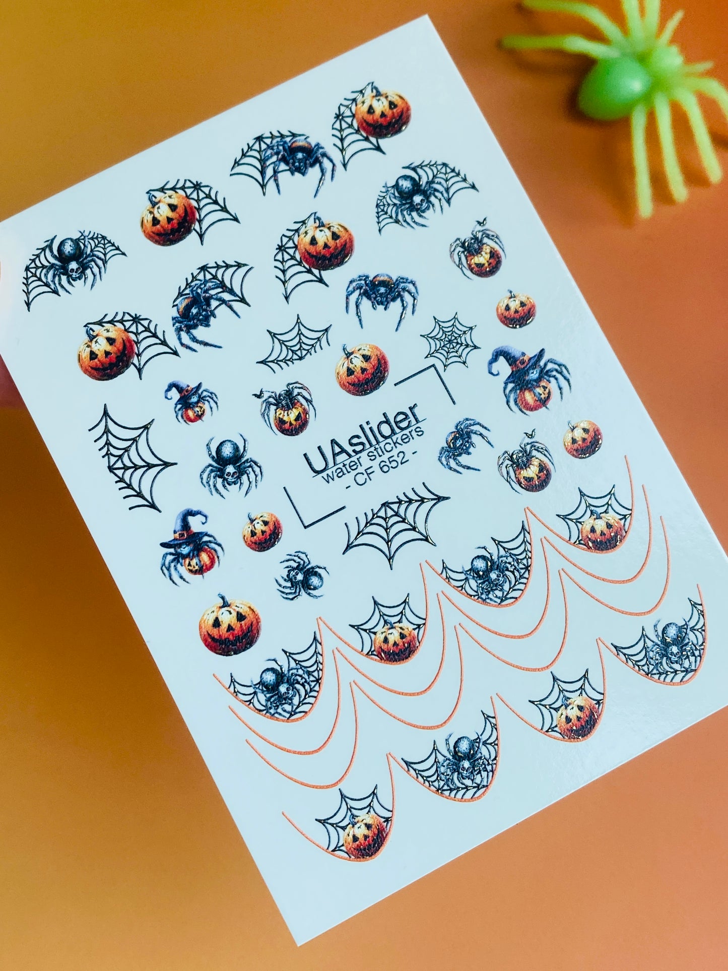Nálepka na nehty CF-652 | Halloween vodní nálepky na nehty | Dýně, pavouci a pavučiny francouzské špičky