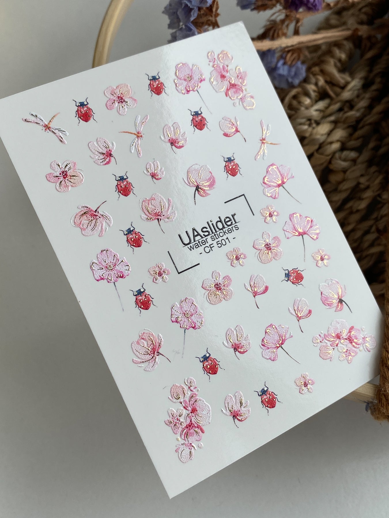 Nagel Wasserabziehbild CF-501 | Wasserabzieh-Nagelaufkleber mit Blumen & Marienkäfern | Frühlings-Nagelkunst