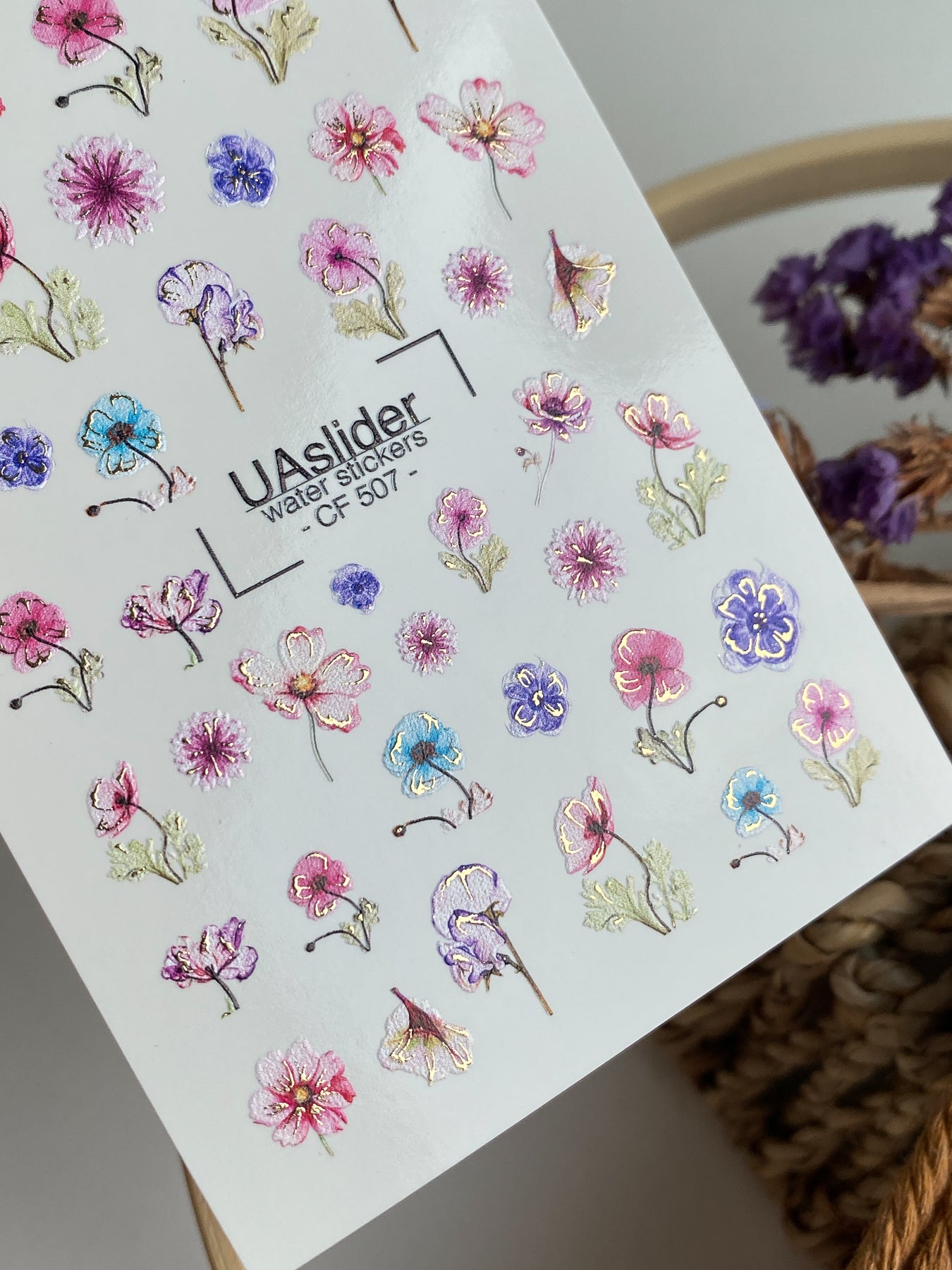 Décalcomanie d'ongles à l'eau CF-507 | Décalcomanies à glisser à l'eau pour ongles avec fleurs sauvages | Art floral coloré pour ongles
