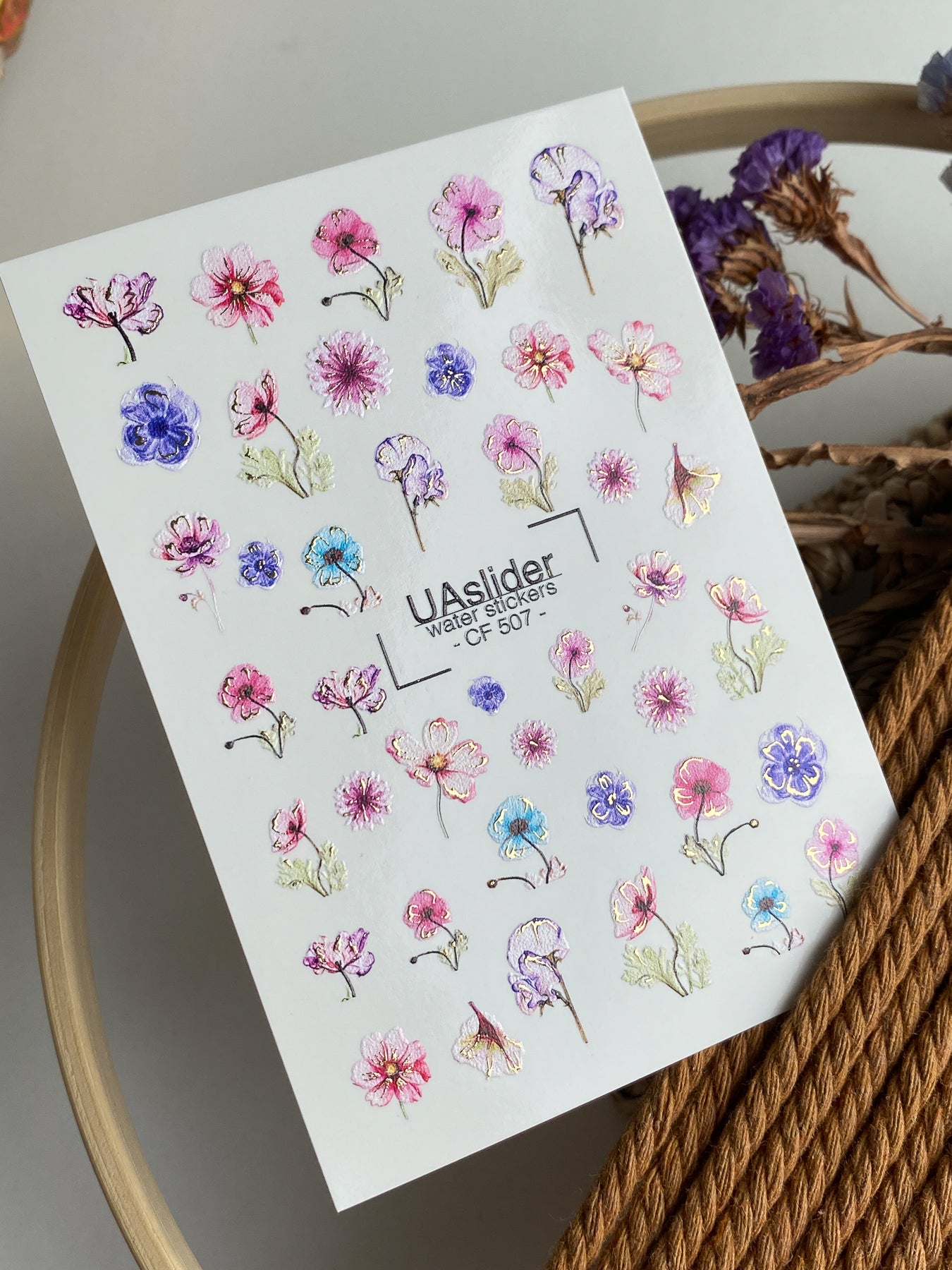 Décalcomanie d'ongles à l'eau CF-507 | Décalcomanies à glisser à l'eau pour ongles avec fleurs sauvages | Art floral coloré pour ongles