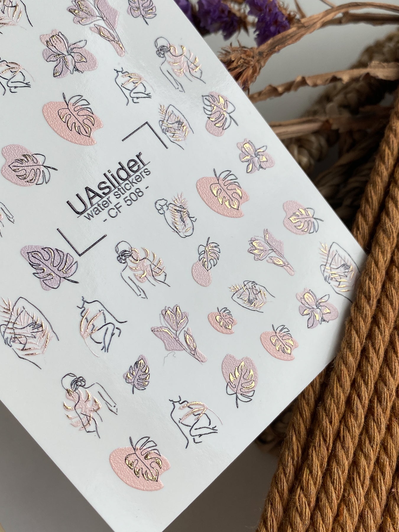 Nagel Wasserabziehbild CF-508 | Wasserabzieh-Nagelaufkleber mit abstrakter Linienkunst & Monstera-Blättern | Minimalistische Nagelkunst