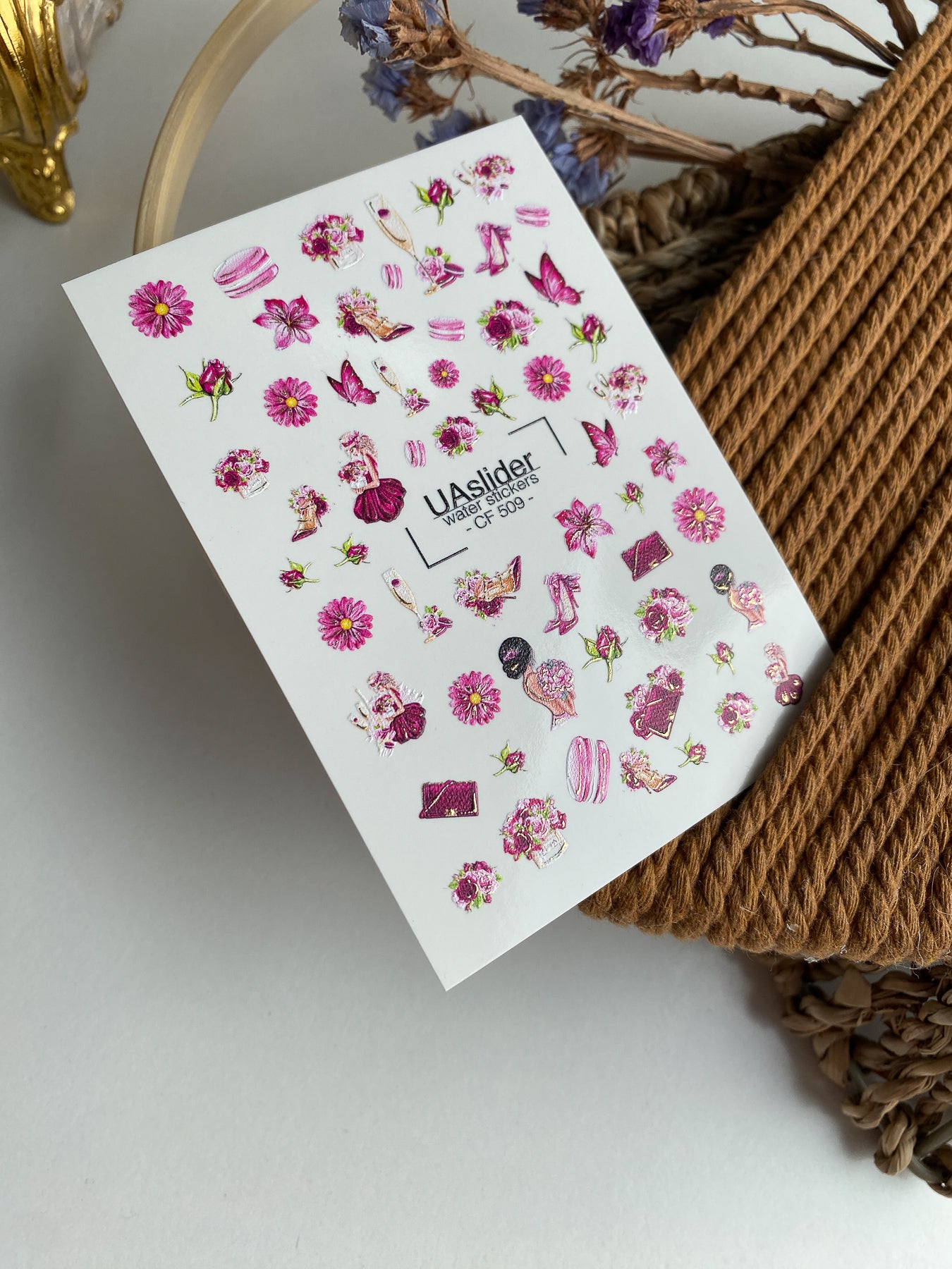 Adesivo per Unghie CF-509 | Adesivi per Unghie a Scivolamento d'Acqua con Fiori Rosa ed Elementi di Moda | Arte Unghie Glamour