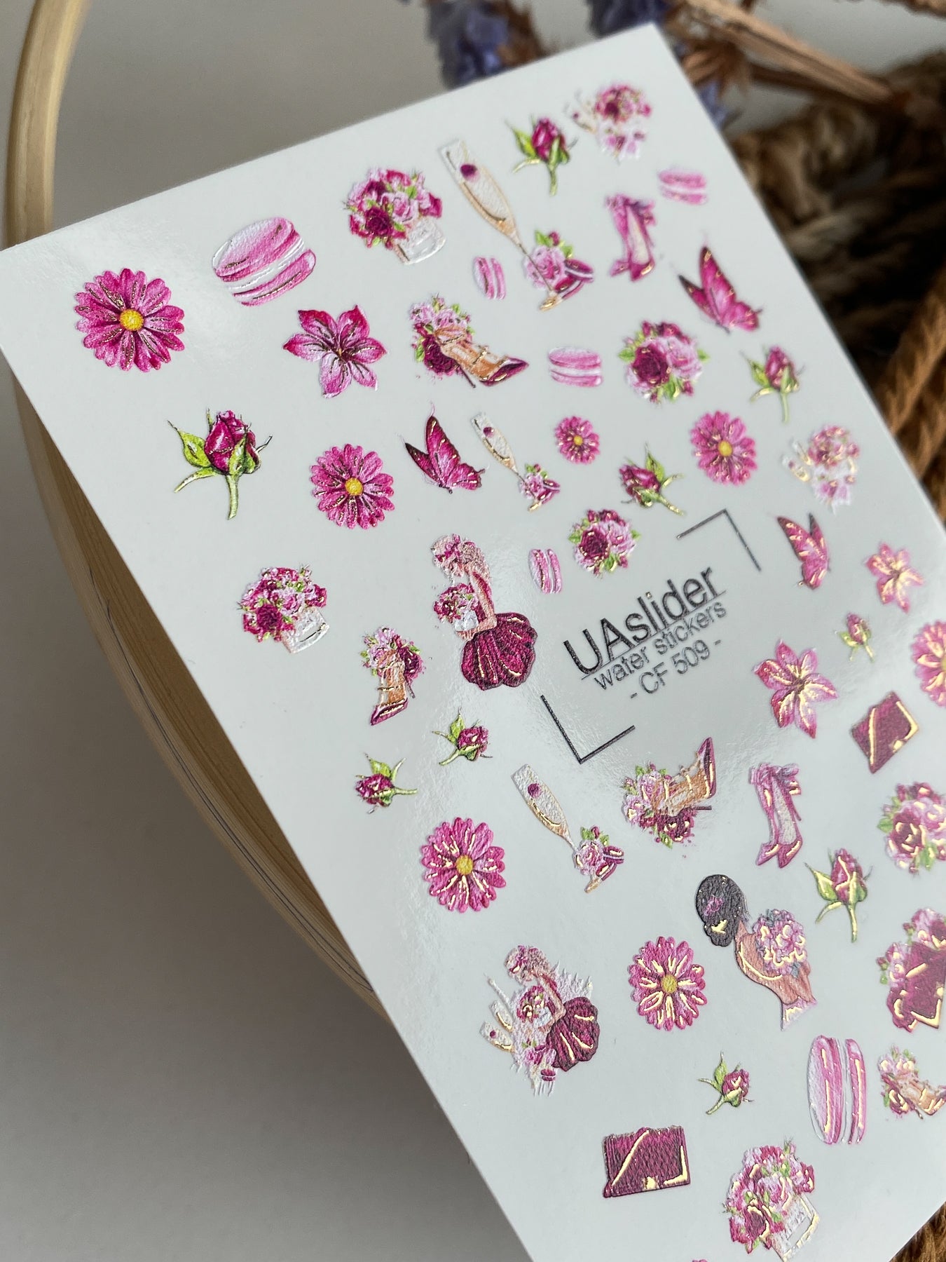 Adesivo per Unghie CF-509 | Adesivi per Unghie a Scivolamento d'Acqua con Fiori Rosa ed Elementi di Moda | Arte Unghie Glamour