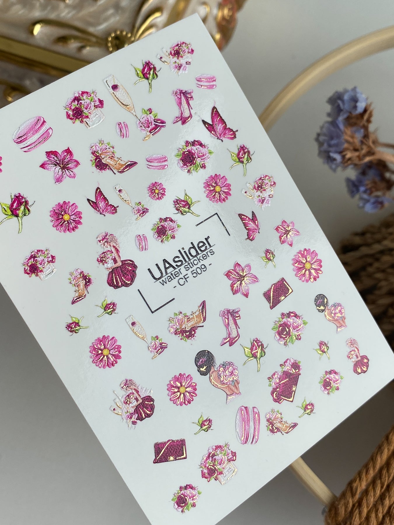 Adesivo per Unghie CF-509 | Adesivi per Unghie a Scivolamento d'Acqua con Fiori Rosa ed Elementi di Moda | Arte Unghie Glamour