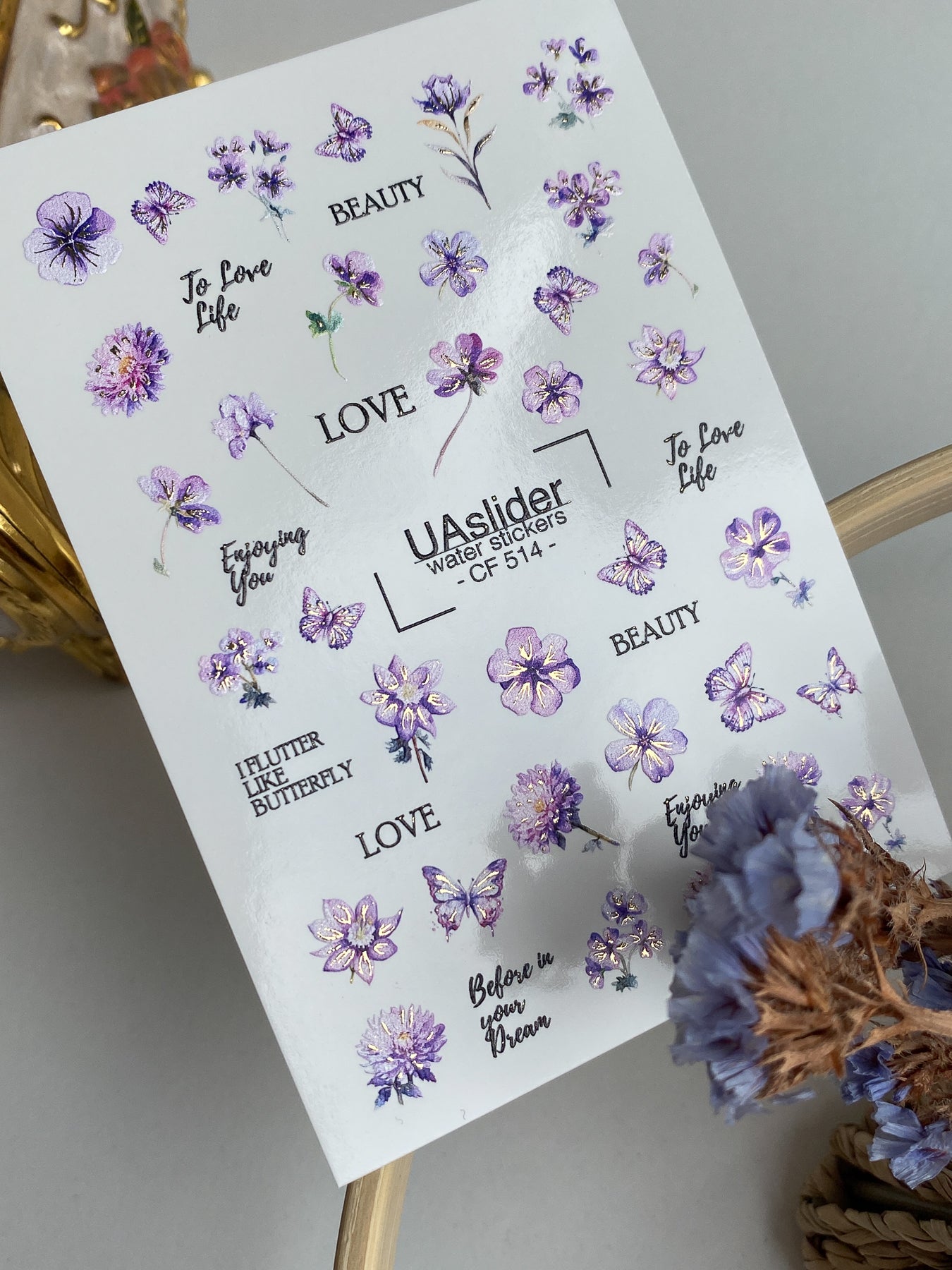 Nagel Wasserabziehbild CF-514 | Wasserabzieh-Nagelaufkleber mit lila Blumen & Schmetterlingen | Romantische Nagelkunst mit Zitaten