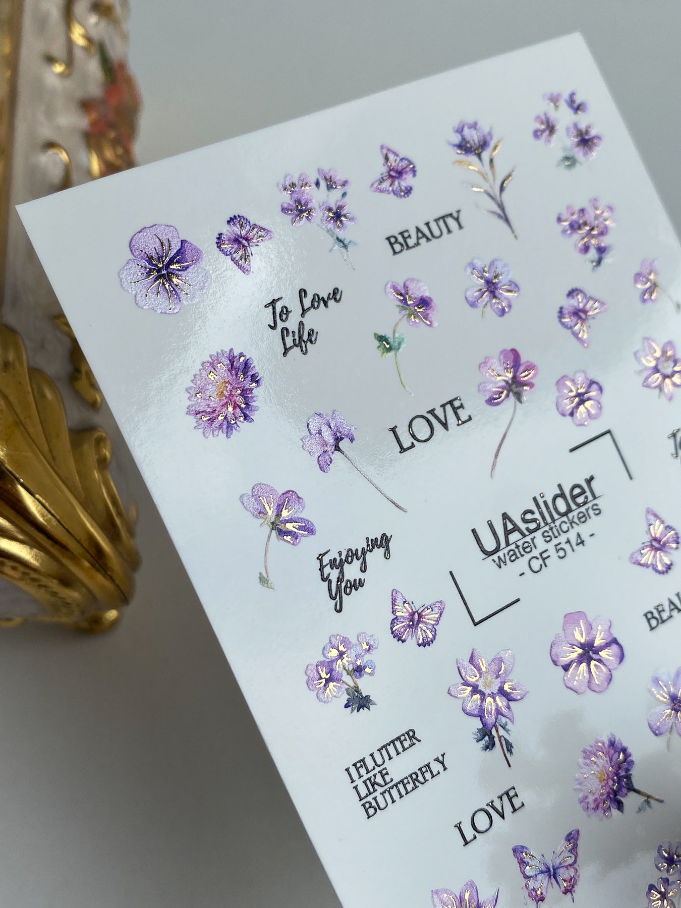 Nagel Wasserabziehbild CF-514 | Wasserabzieh-Nagelaufkleber mit lila Blumen & Schmetterlingen | Romantische Nagelkunst mit Zitaten