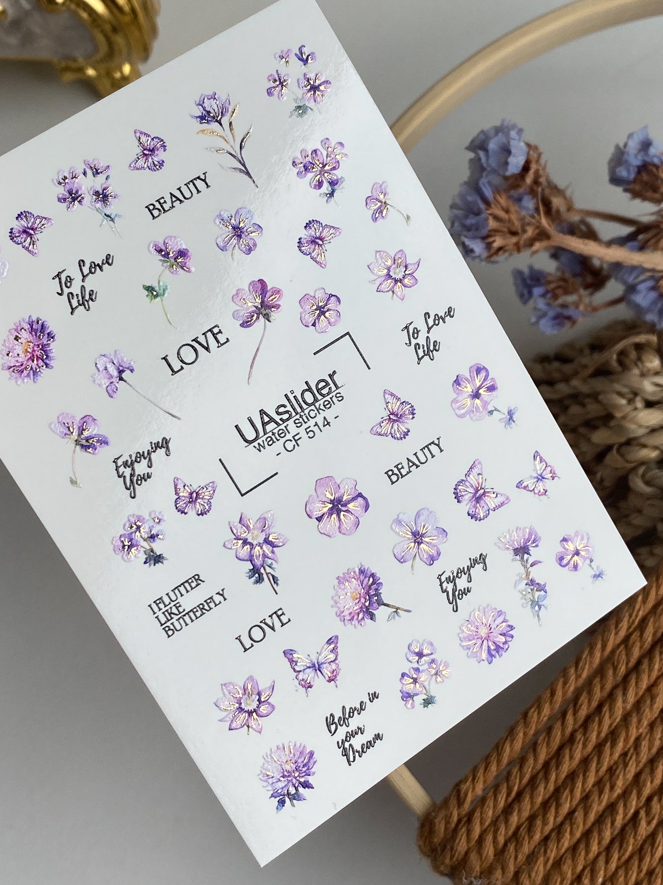 Nagel Wasserabziehbild CF-514 | Wasserabzieh-Nagelaufkleber mit lila Blumen & Schmetterlingen | Romantische Nagelkunst mit Zitaten