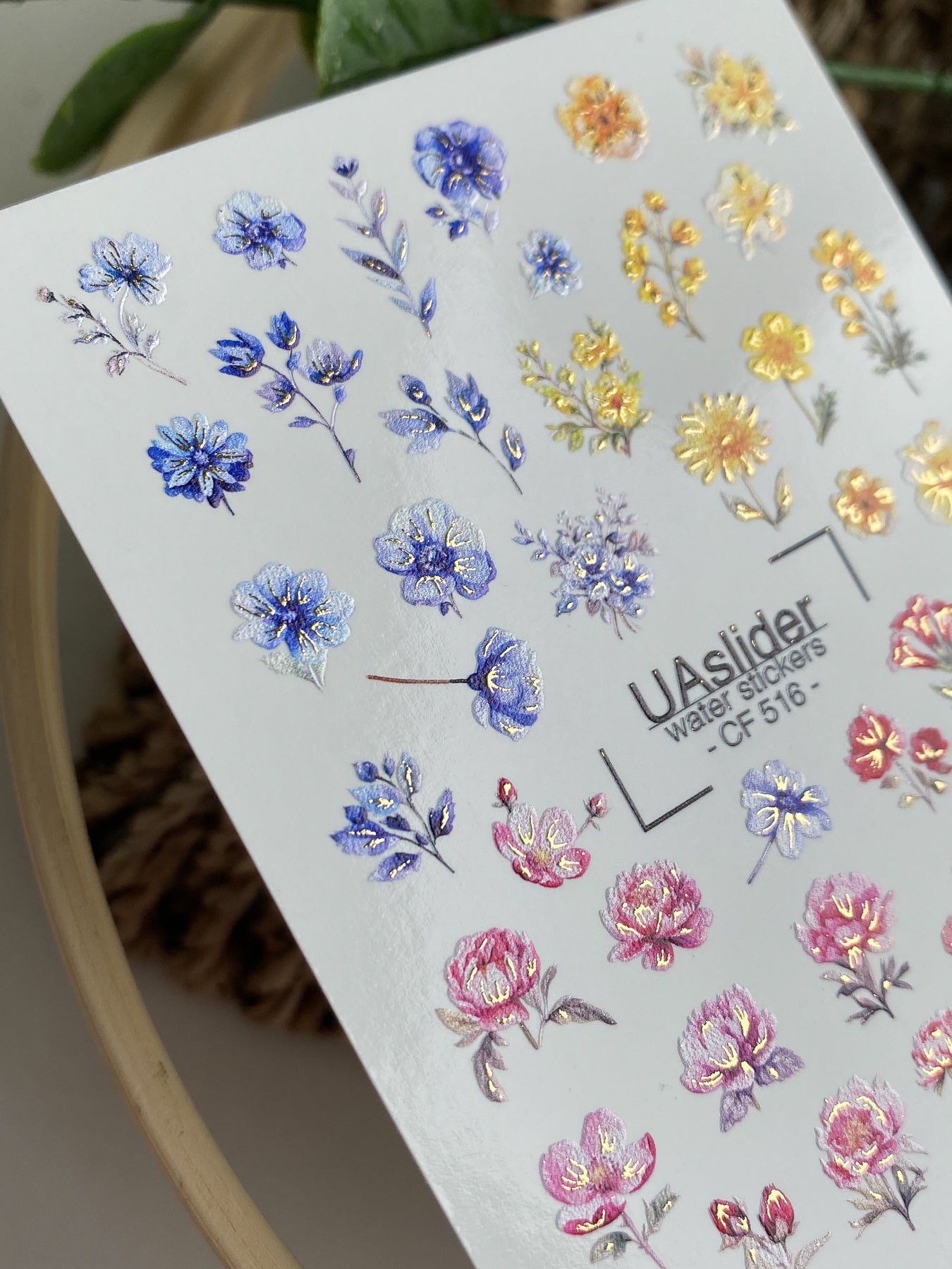 Nagel Wasserabziehbild CF-516 | Wasserfolien Nagelabziehbilder mit bunten Wildblumen | Blau, Gelb & Rosa Blumen Nagelkunst