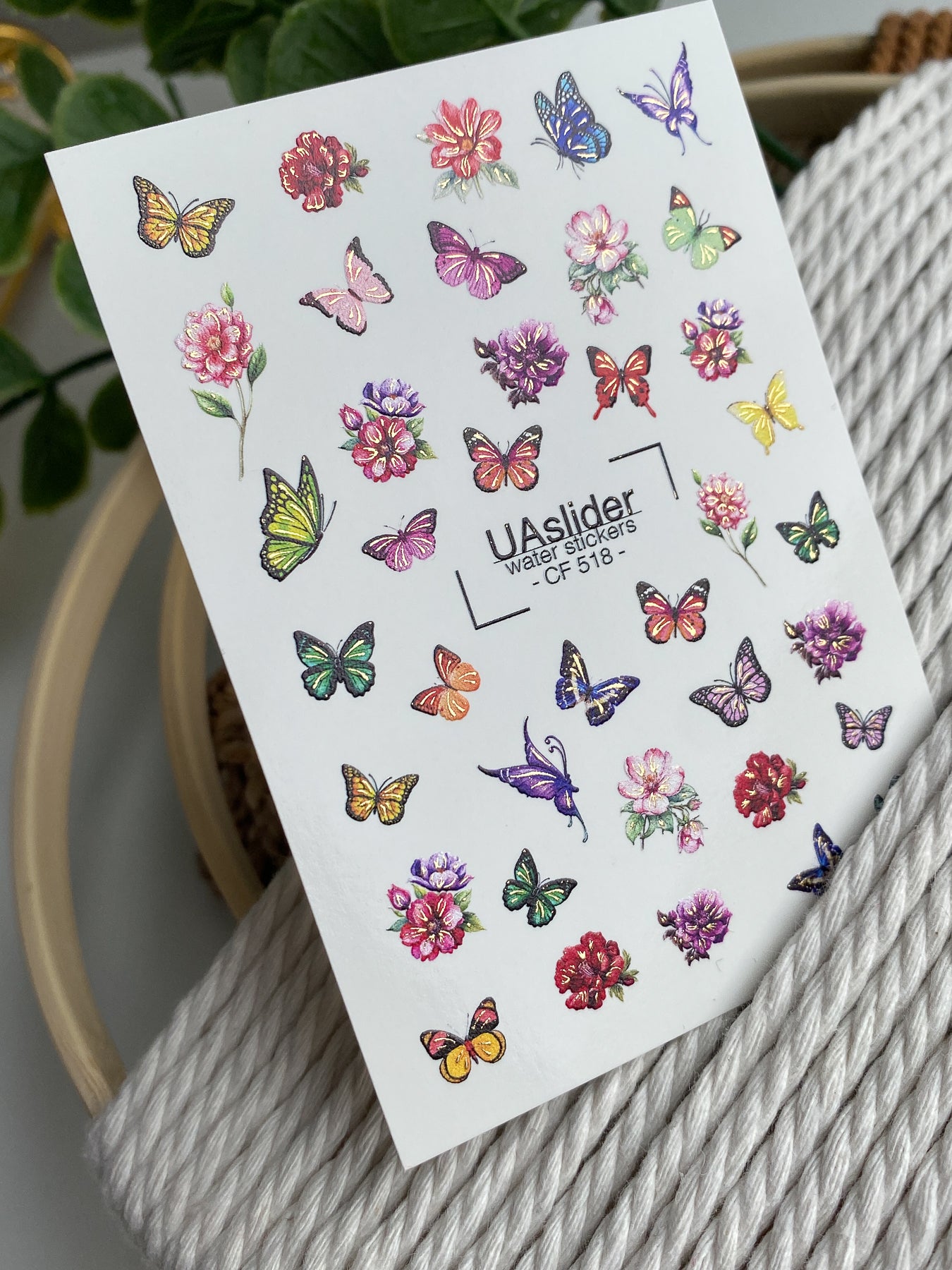 Nagel Wasserabziehbild CF-518 | Wasserabzieh-Nagelbilder mit bunten Schmetterlingen & Blumen | Helle florale Nagelkunst