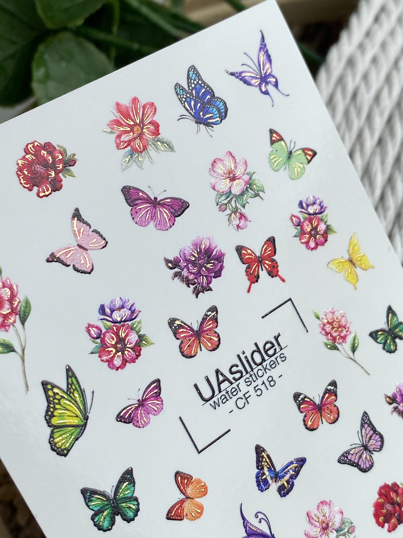 Nagel Wasserabziehbild CF-518 | Wasserabzieh-Nagelbilder mit bunten Schmetterlingen & Blumen | Helle florale Nagelkunst