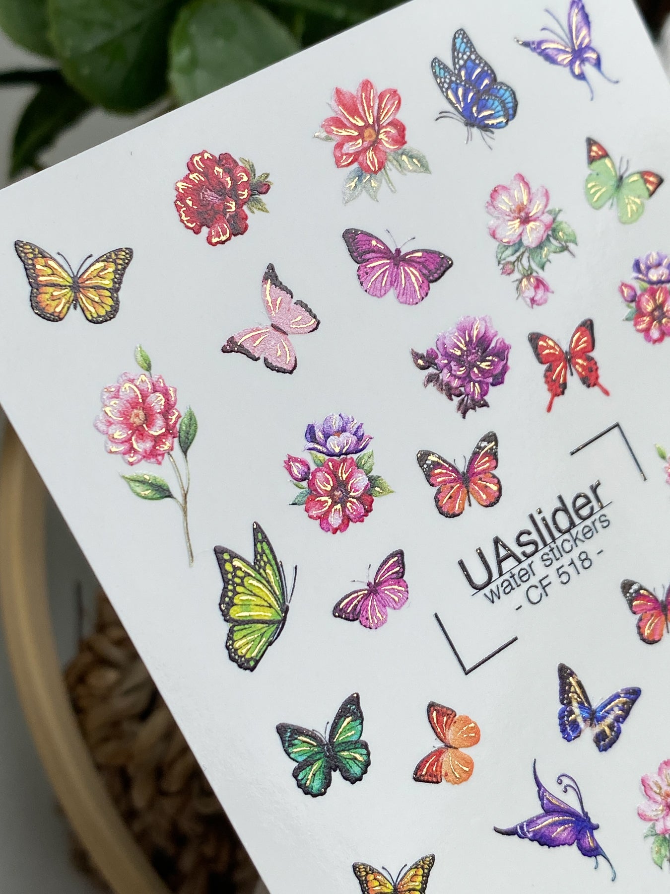 Nagel Wasserabziehbild CF-518 | Wasserabzieh-Nagelbilder mit bunten Schmetterlingen & Blumen | Helle florale Nagelkunst