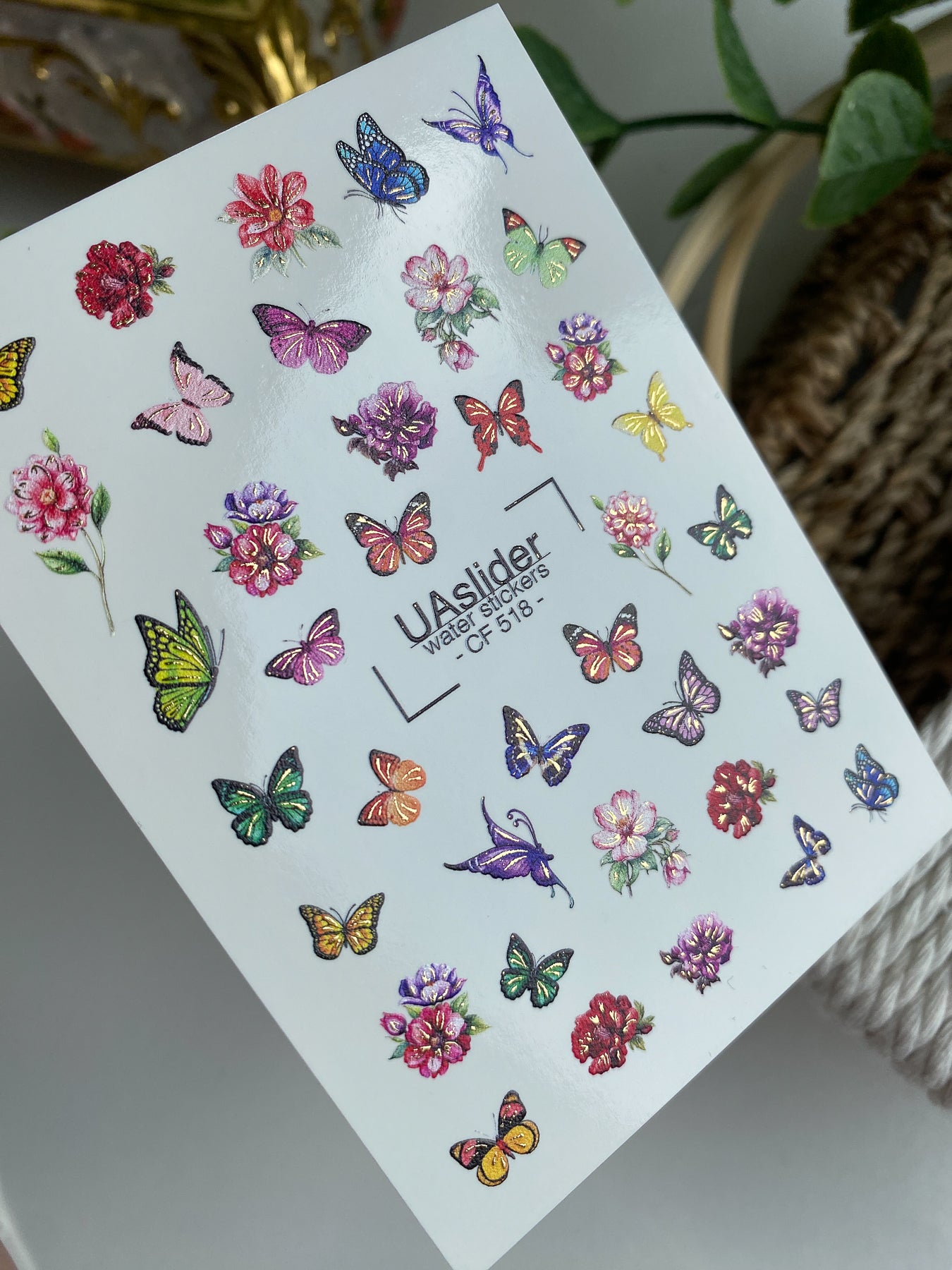 Nagel Wasserabziehbild CF-518 | Wasserabzieh-Nagelbilder mit bunten Schmetterlingen & Blumen | Helle florale Nagelkunst