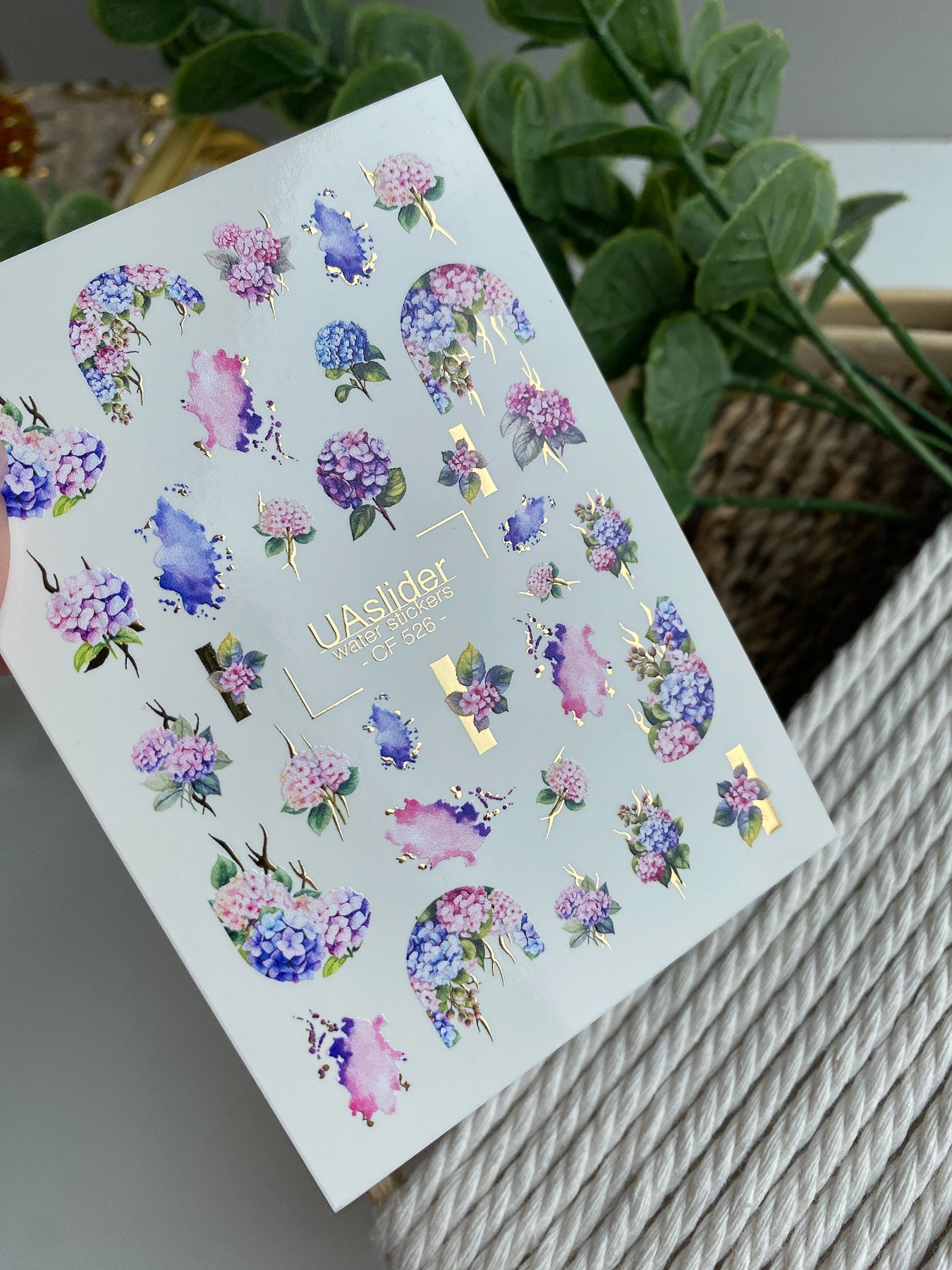Nagel Wasserabziehbild CF-526 | Wasserfolien Nagelabziehbilder mit Hortensien & Goldakzenten | Florale Aquarell Nagelkunst