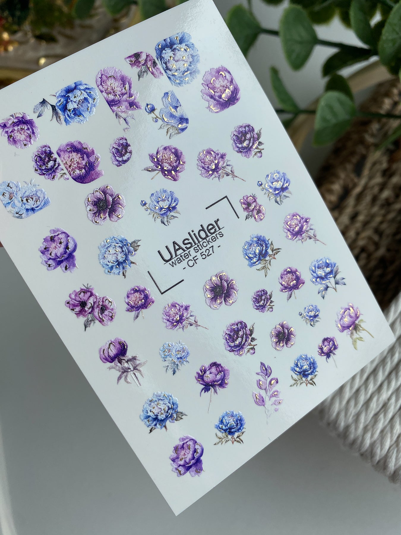 Nagel Wasserabziehbild CF-527 | Wasserfolien Nagelabziehbilder mit blauen & lila Blumen | Luxus Florale Nagelkunst