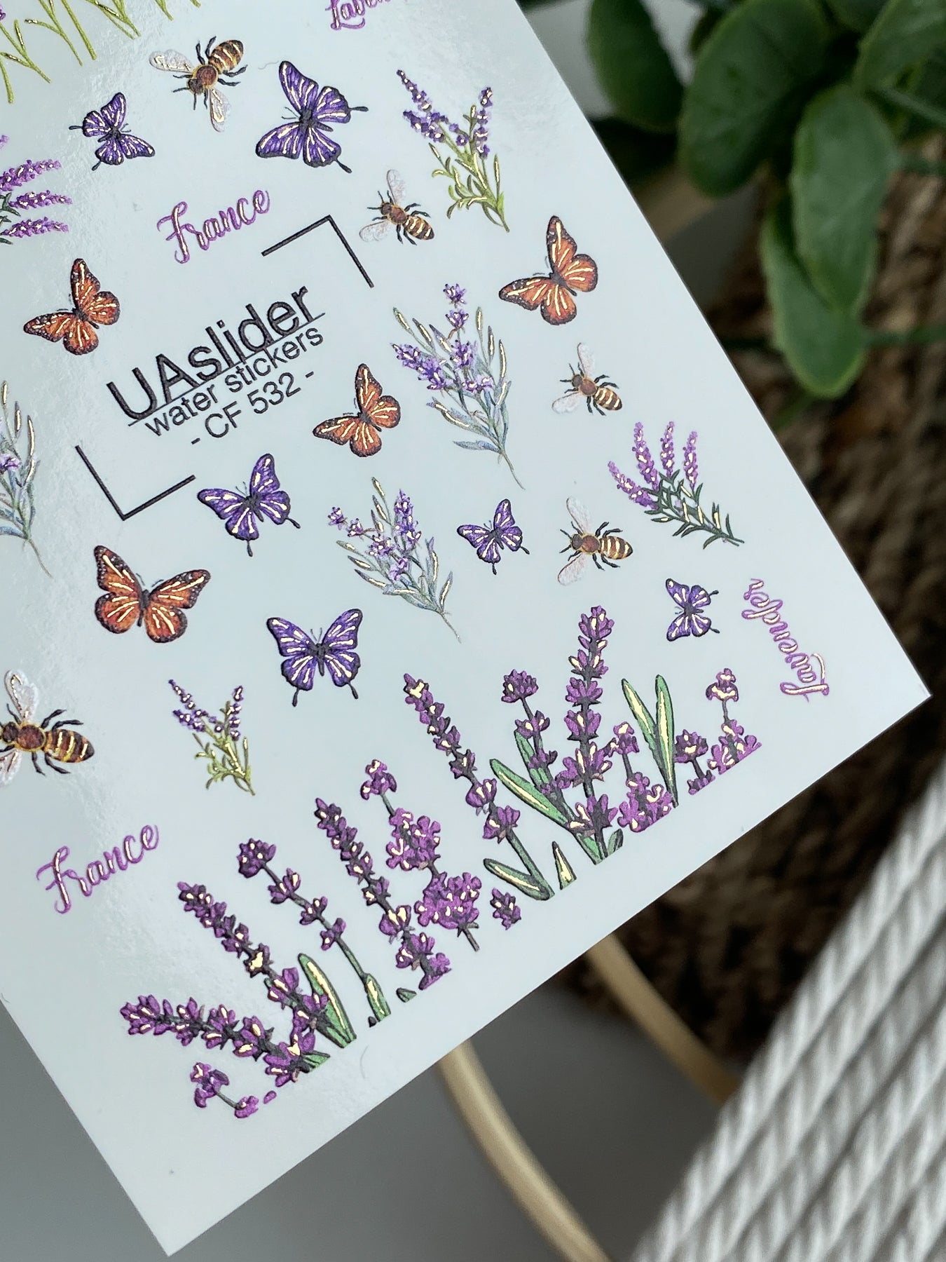 Nagel Wasserabziehbild CF-532 | Wasserfolien Nagelabziehbilder mit Lavendel, Schmetterlingen & Bienen | Provence Nagelkunst