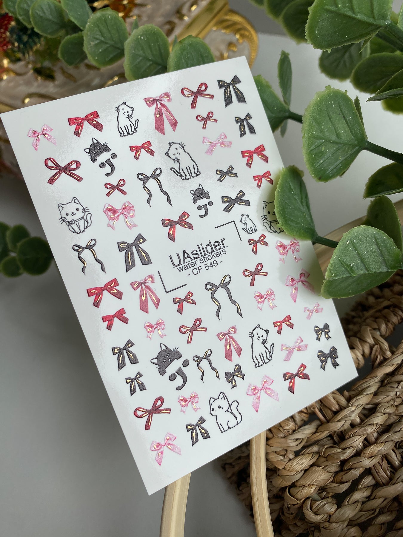 Nagel-Wasserabziehbild CF-549 | Niedliche Katzen- & Schleifen-Nagelabziehbilder | Rote, Rosa & Schwarze Wasseraufkleber