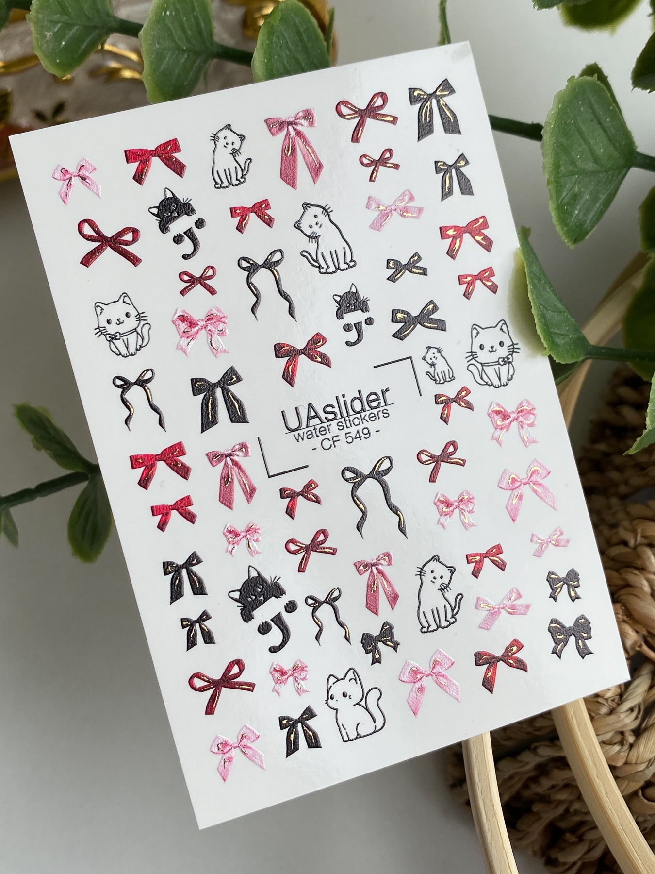 Nagel-Wasserabziehbild CF-549 | Niedliche Katzen- & Schleifen-Nagelabziehbilder | Rote, Rosa & Schwarze Wasseraufkleber