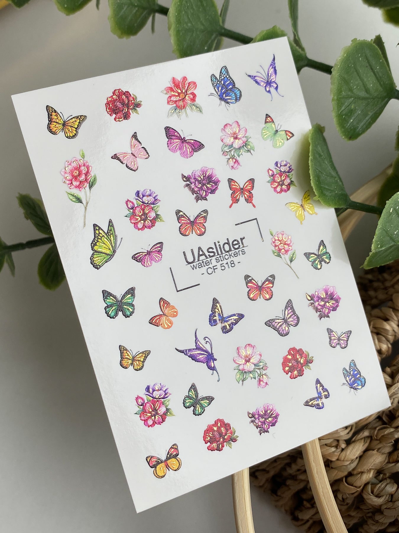 Nagel Wasserabziehbild CF-518 | Wasserabzieh-Nagelbilder mit bunten Schmetterlingen & Blumen | Helle florale Nagelkunst
