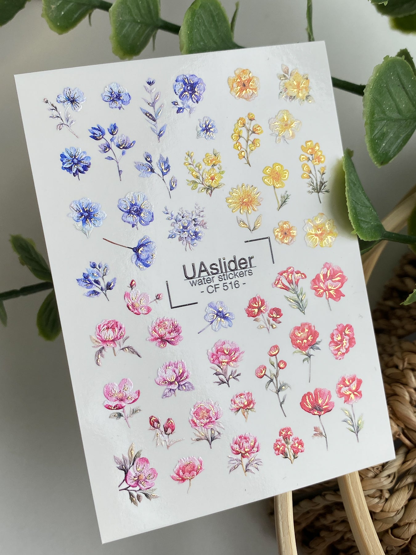 Nagel Wasserabziehbild CF-516 | Wasserfolien Nagelabziehbilder mit bunten Wildblumen | Blau, Gelb & Rosa Blumen Nagelkunst