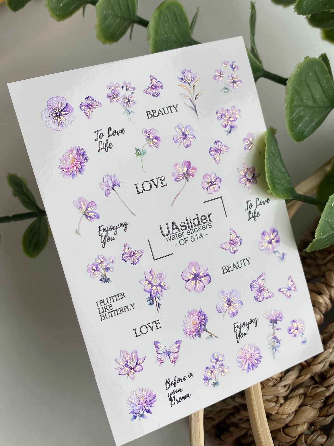 Nagel Wasserabziehbild CF-514 | Wasserabzieh-Nagelaufkleber mit lila Blumen & Schmetterlingen | Romantische Nagelkunst mit Zitaten