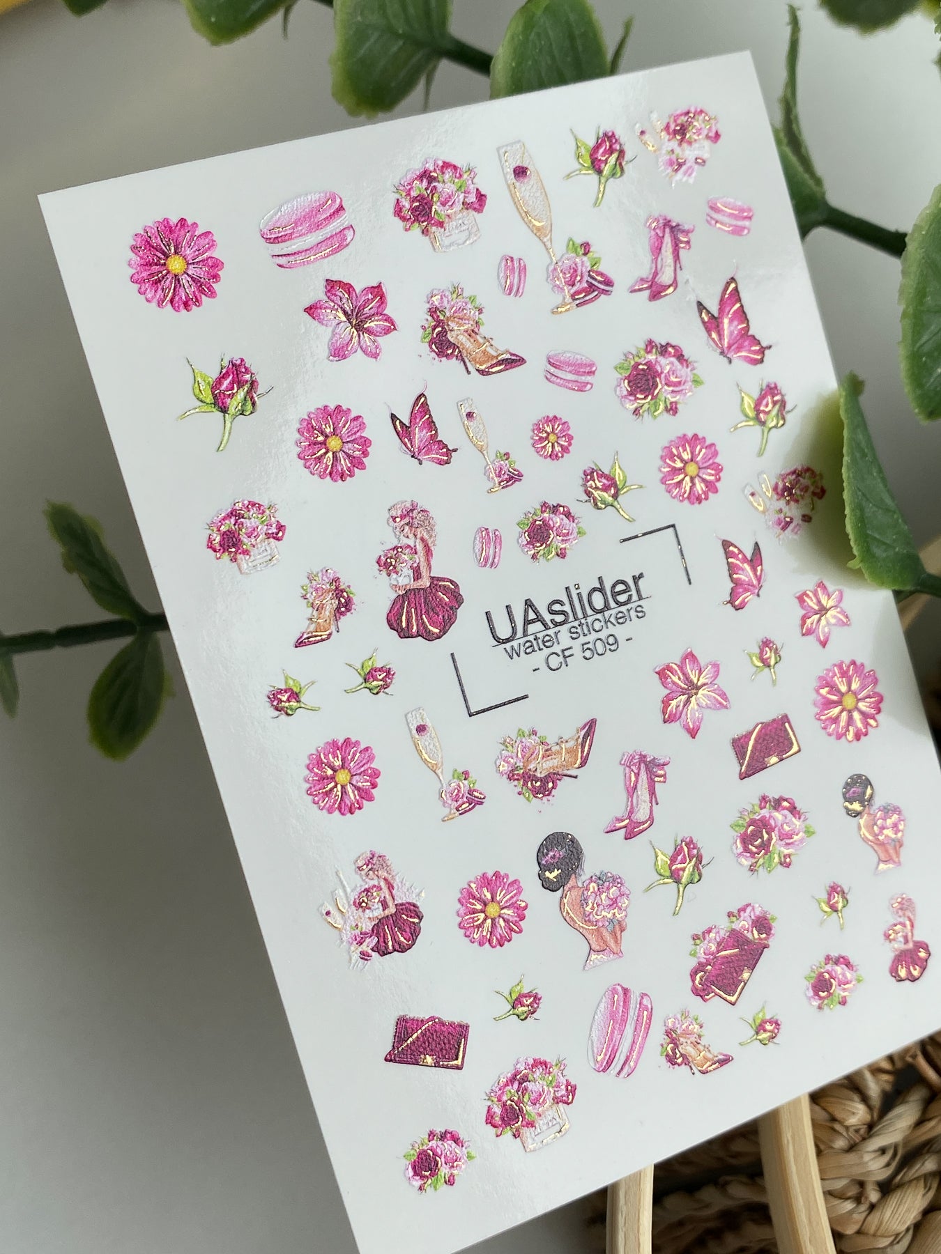 Adesivo per Unghie CF-509 | Adesivi per Unghie a Scivolamento d'Acqua con Fiori Rosa ed Elementi di Moda | Arte Unghie Glamour