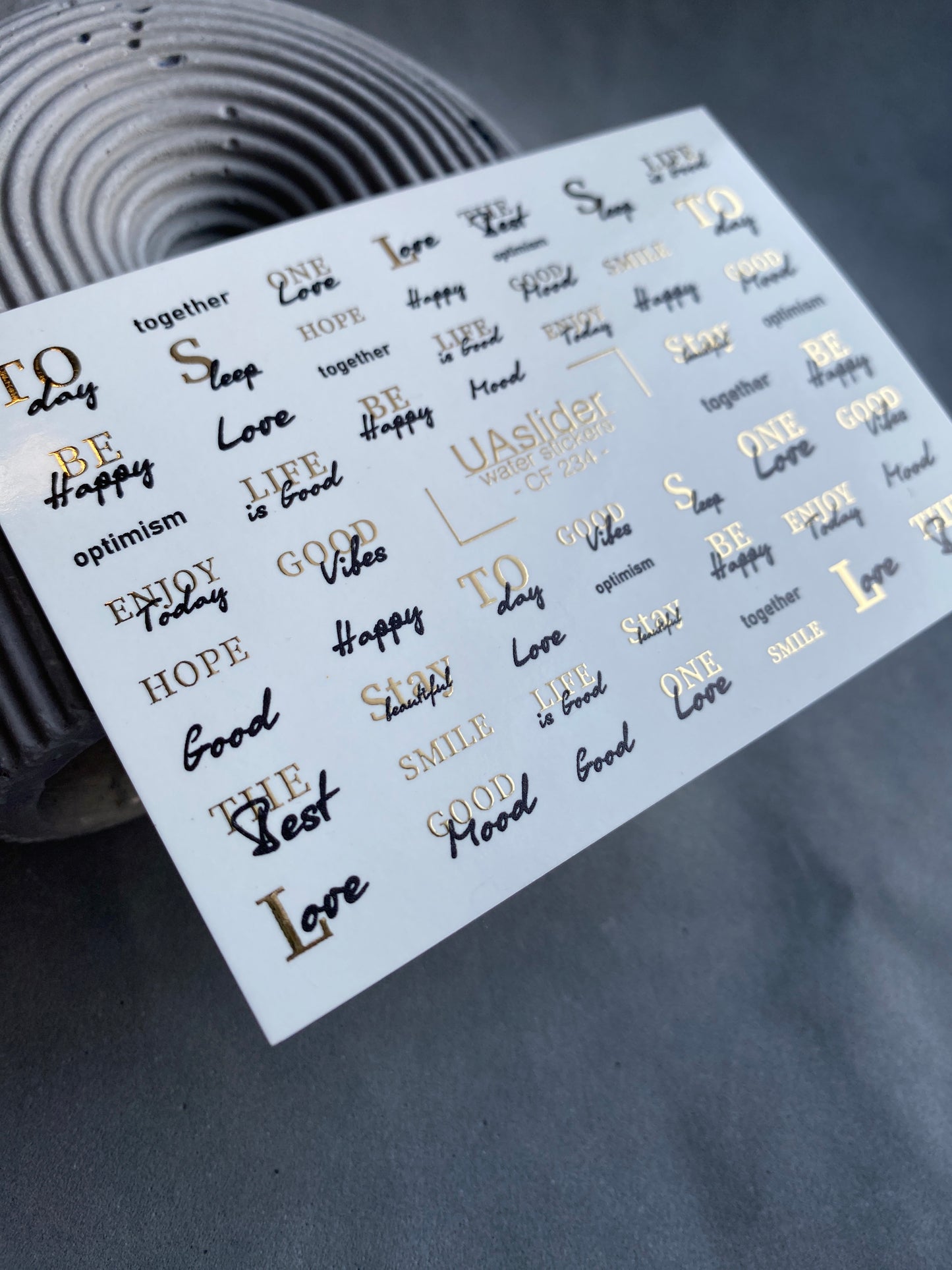 Nagel Wasserabziehbild CF-234 | Schriftzug Wasser-Schiebefolien Nagelabziehbilder | Positive Zitate & Goldene Details