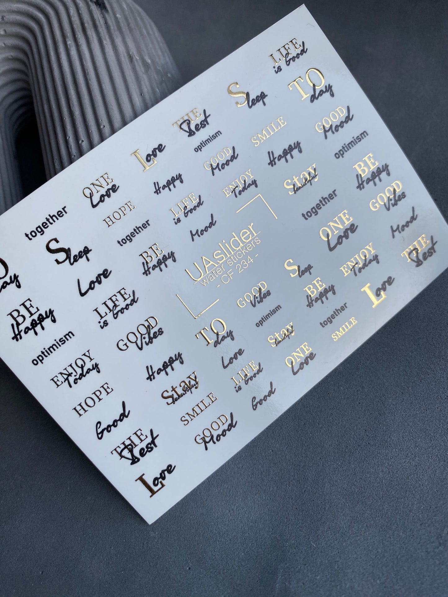 Nagel Wasserabziehbild CF-234 | Schriftzug Wasser-Schiebefolien Nagelabziehbilder | Positive Zitate & Goldene Details