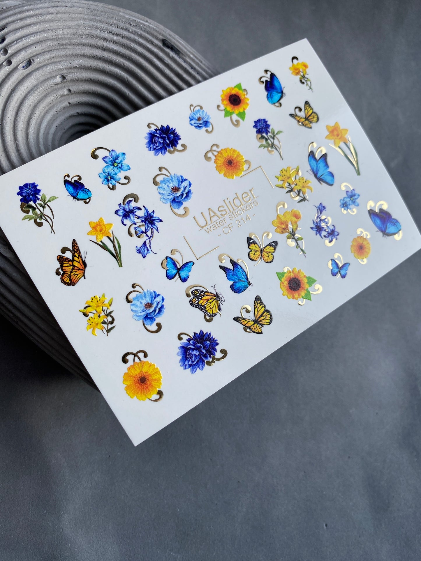 Nagel Wasserabziehbild CF-214 | Florale & Schmetterling Wasserfolien Nagelabziehbilder | Blaue Blumen & Sonnenblumen