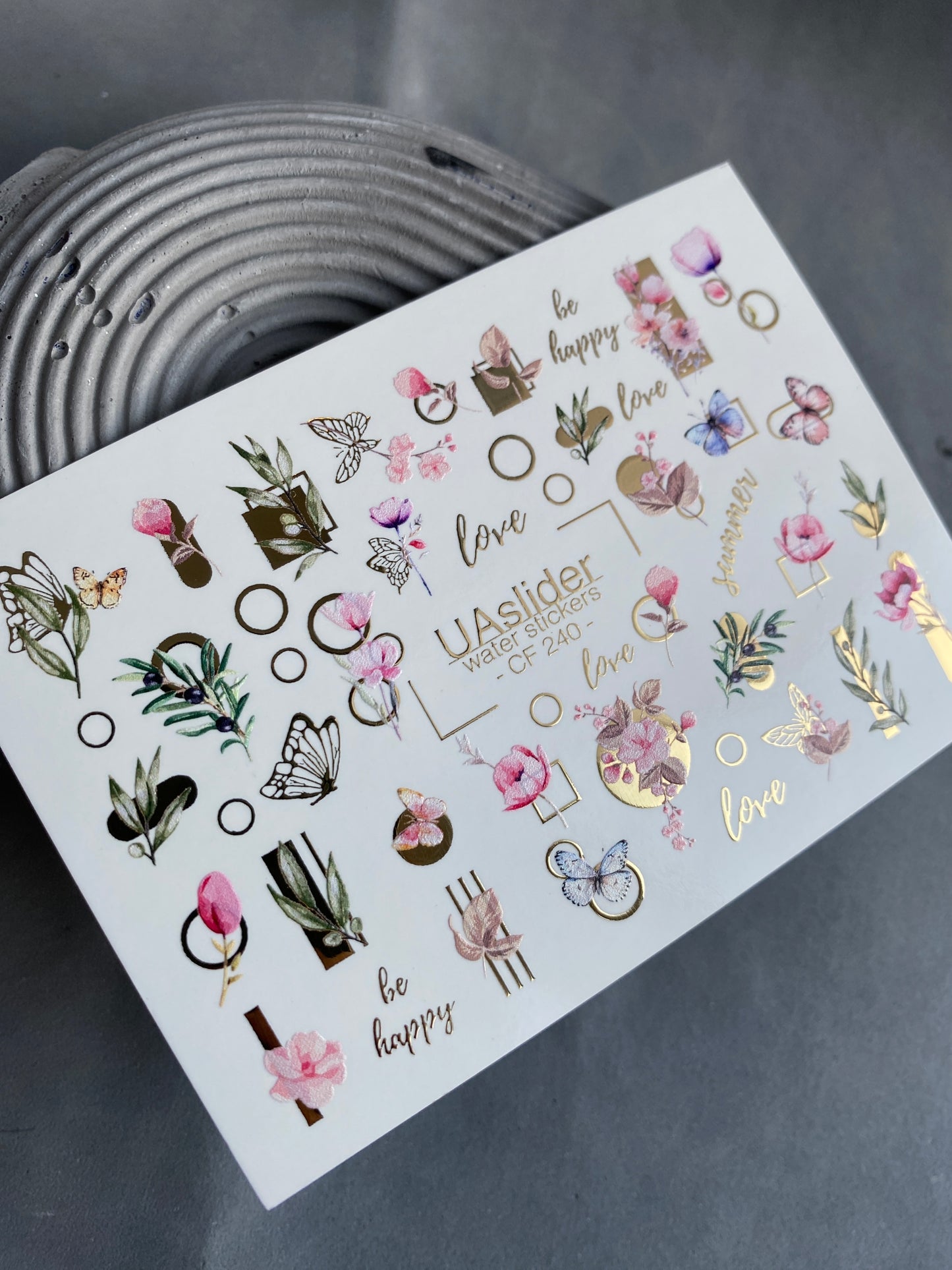 Nagel Wasserabziehbild CF-240 | Florale Wasser-Schiebefolien für Nägel | Rosa Blumen, Schmetterlinge & Goldene Geometrie