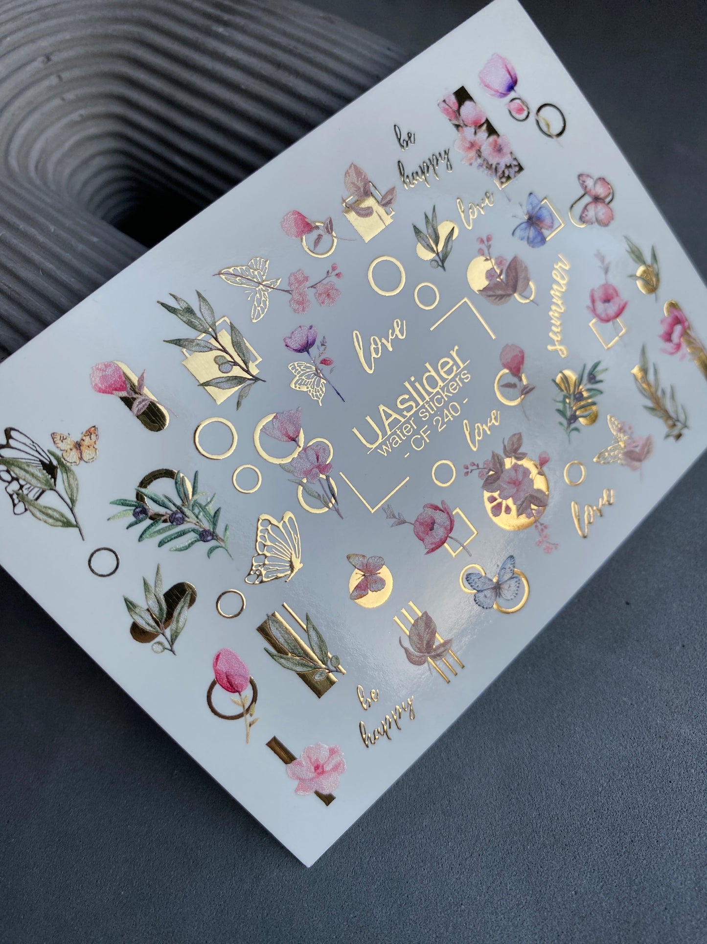Nagel Wasserabziehbild CF-240 | Florale Wasser-Schiebefolien für Nägel | Rosa Blumen, Schmetterlinge & Goldene Geometrie