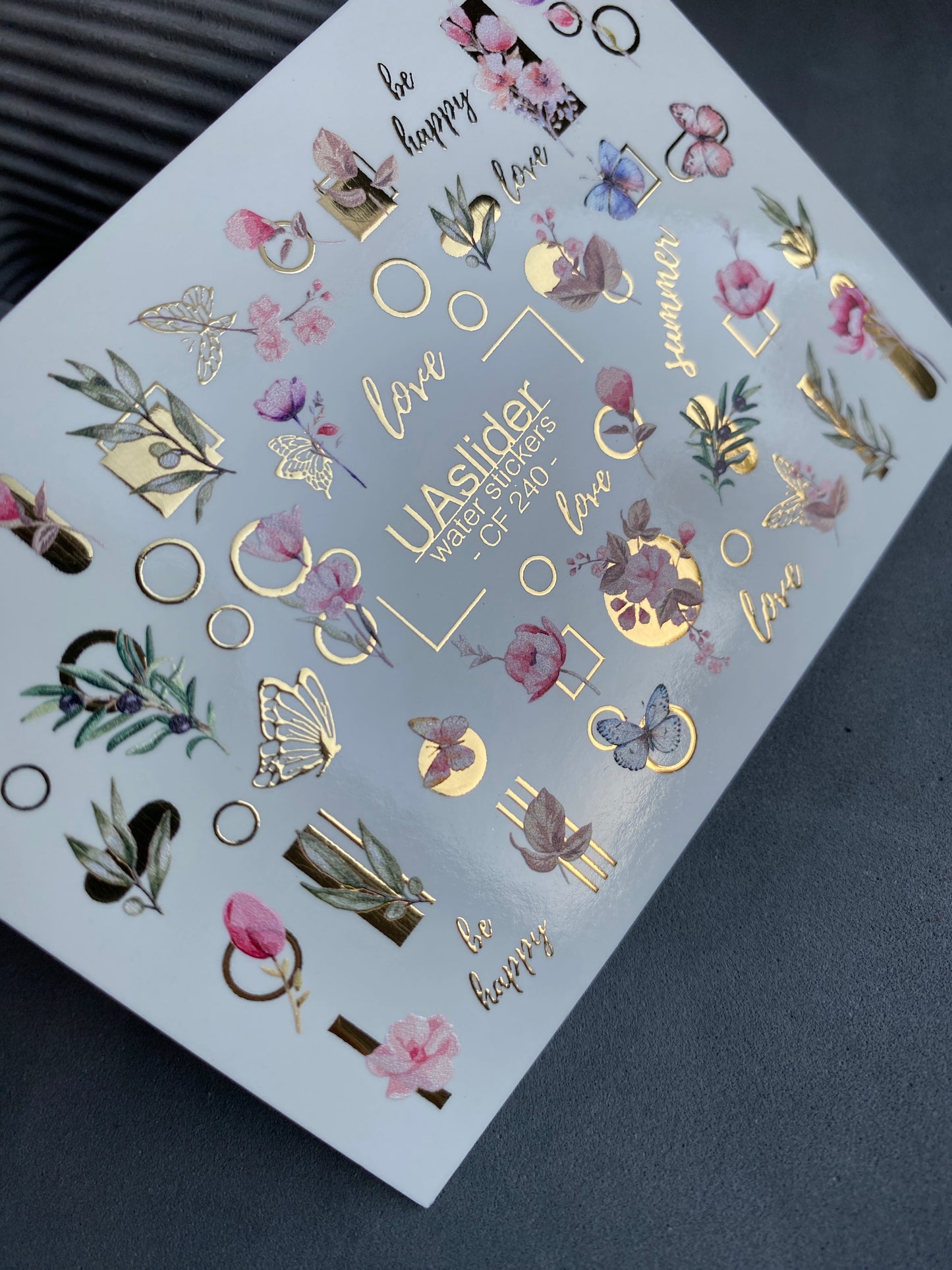 Nagel Wasserabziehbild CF-240 | Florale Wasser-Schiebefolien für Nägel | Rosa Blumen, Schmetterlinge & Goldene Geometrie