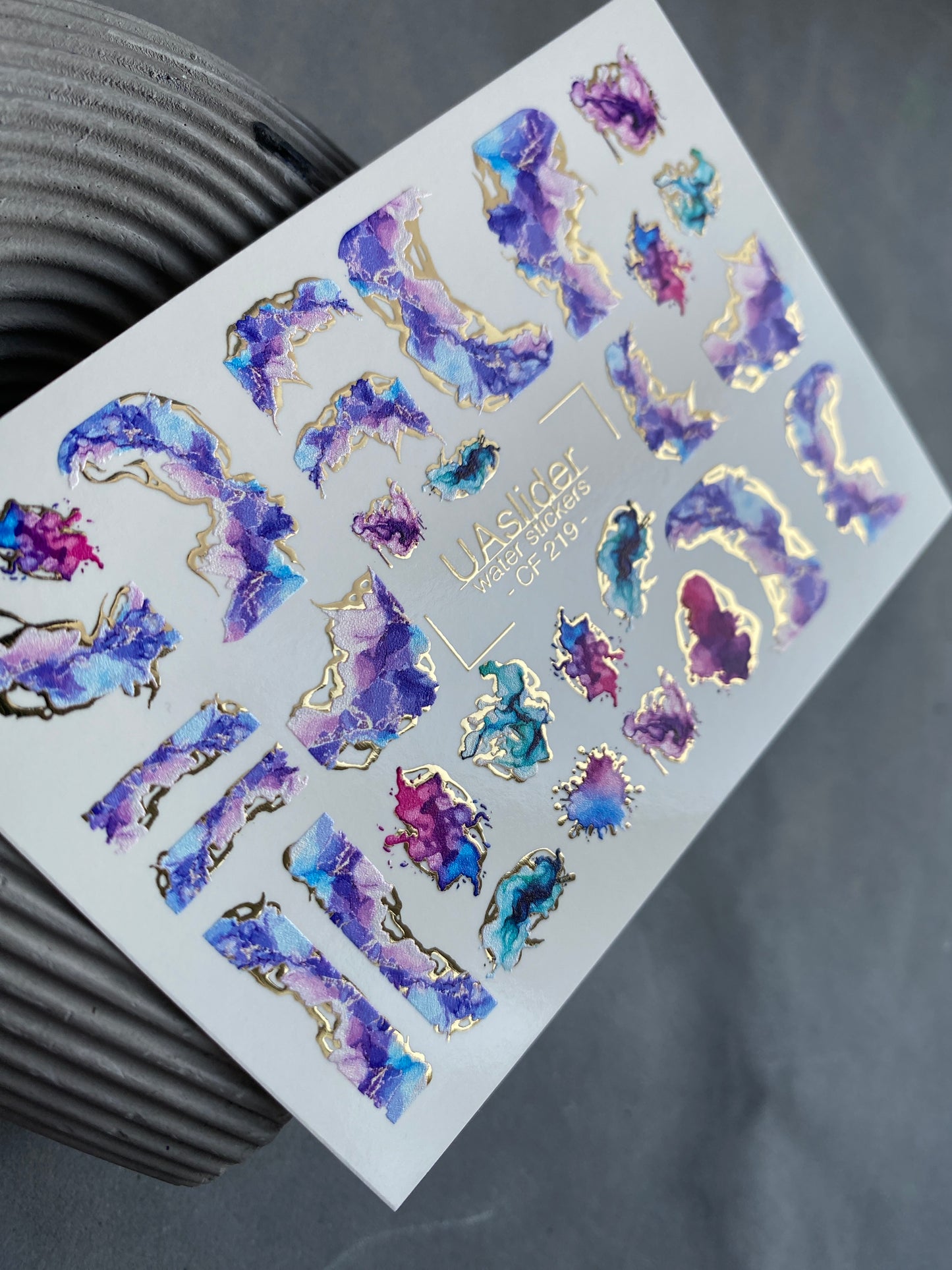 Nagel Wasserabziehbild CF-219 | Abstrakte Wasserfolien-Nagelabziehbilder | Lila & Blauer Tinten-Effekt mit Gold