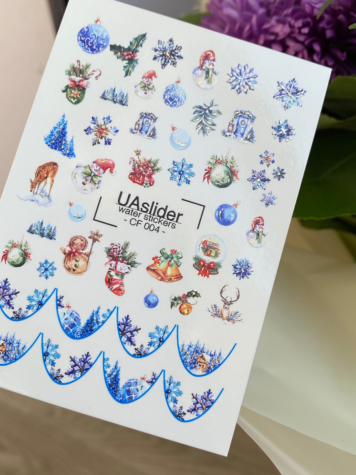 Adesivi per unghie ad acqua CF-004 | Adesivi per unghie a scivolamento ad acqua con ornamenti natalizi e fiocchi di neve | Set festivo per le vacanze