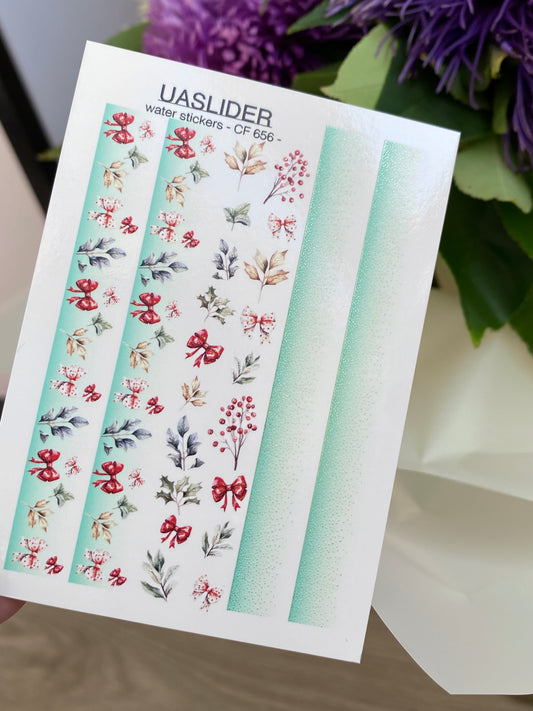 Nail Water Decal CF-656 | Water Slide Nail Decals with Christmas Bows & Winter Leaves | Festive Holiday Strips