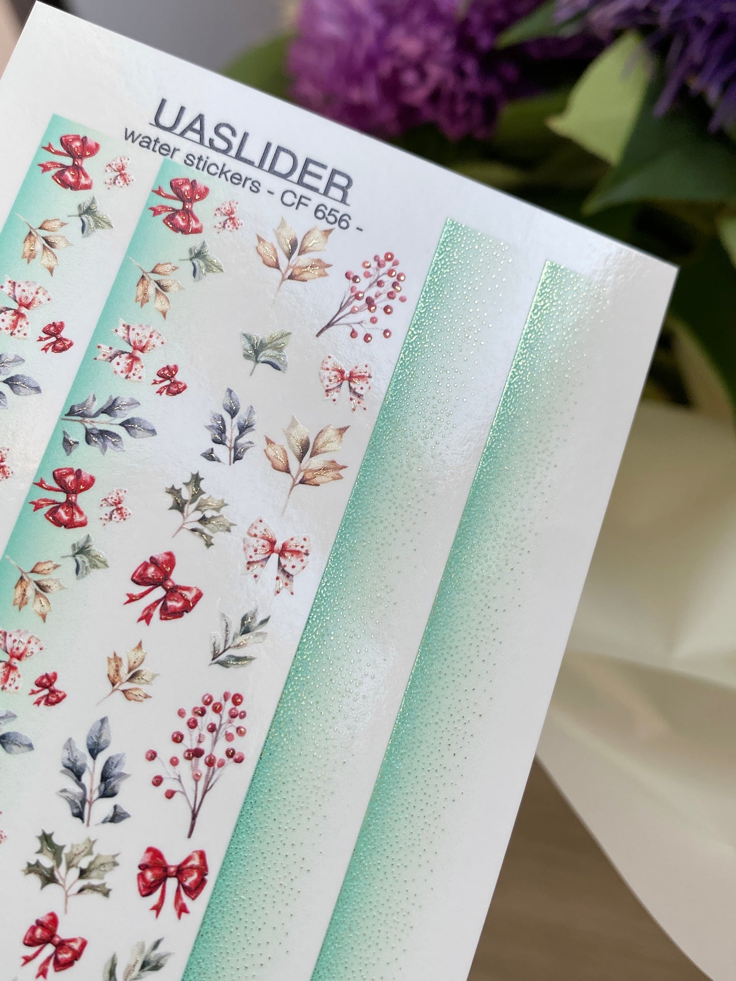 Nagel-Wasserabziehbild CF-656 | Wasserabzieh-Nagelbilder mit Weihnachts-Schleifen & Winterblättern | Festliche Feiertagsstreifen