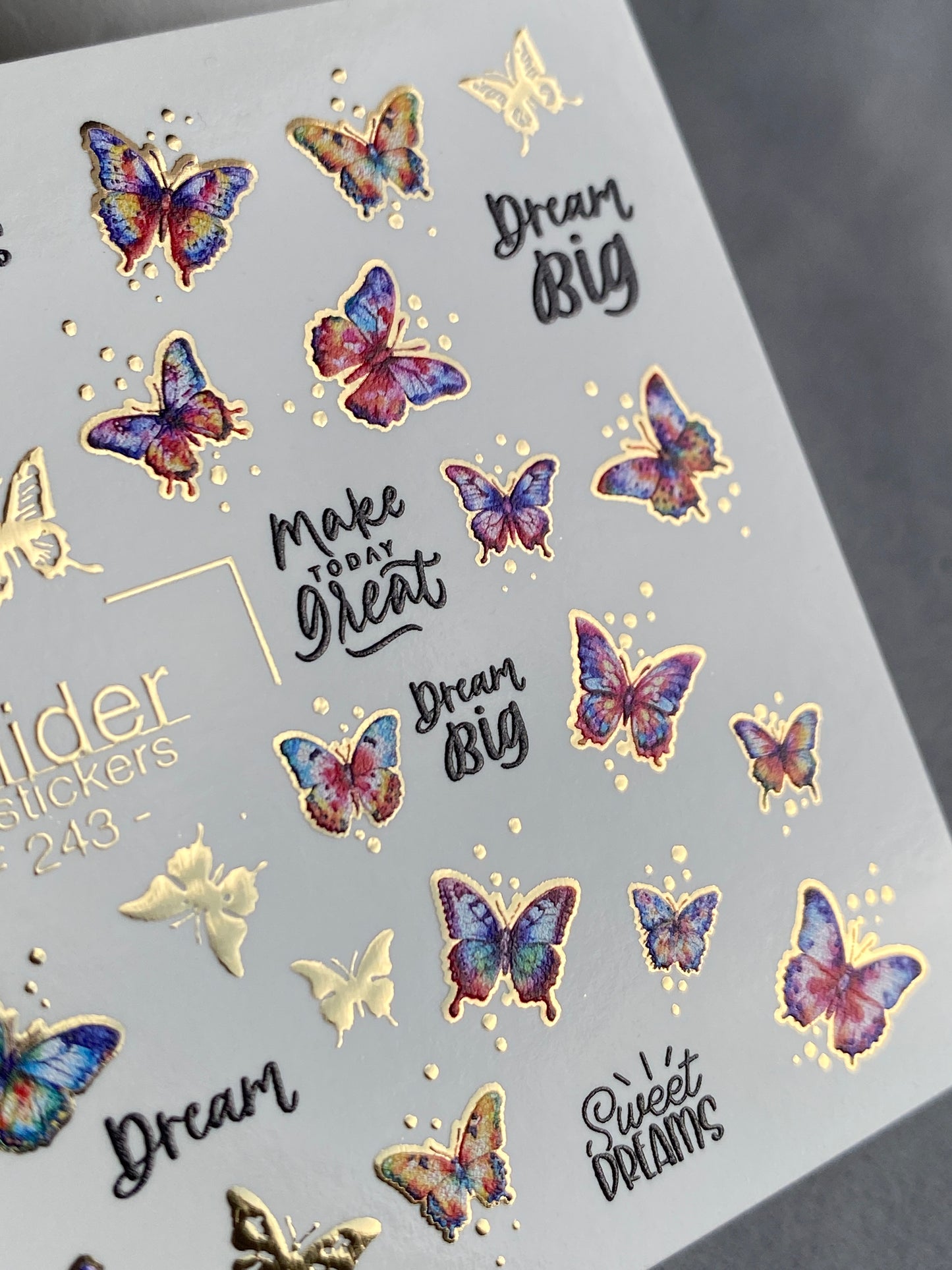 Nagel Wasserabziehbild CF-243 | Bunte Schmetterling Wasserfolien Nagelabziehbilder | Farbverlauf Flügel & Goldene Details