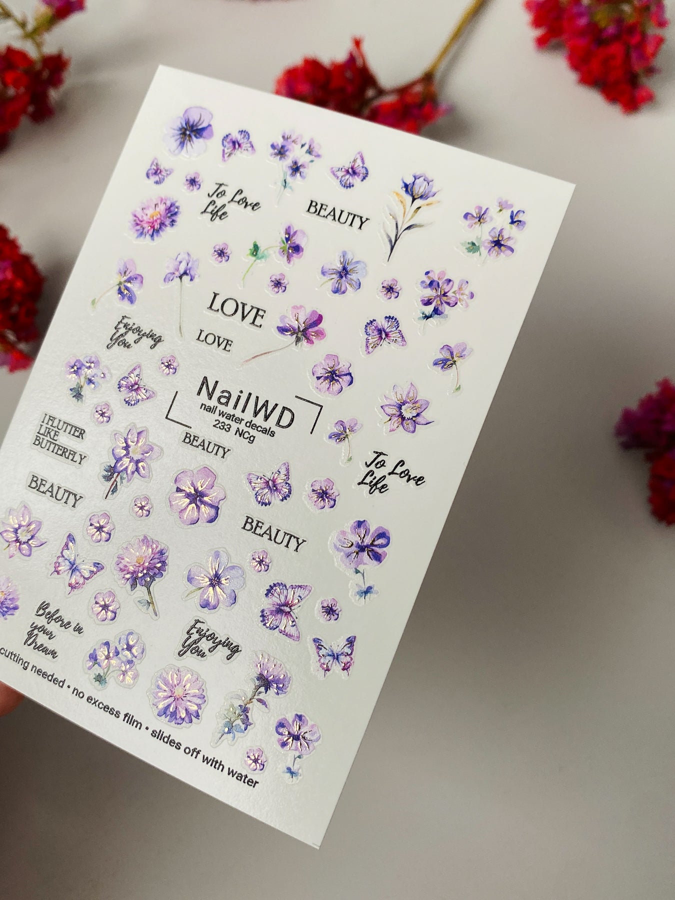 Nálepka na nehty 233 Nail WD | Vodní nálepky na nehty fialové květiny a motýli | Vodní nálepky na nehty s romantickými citáty