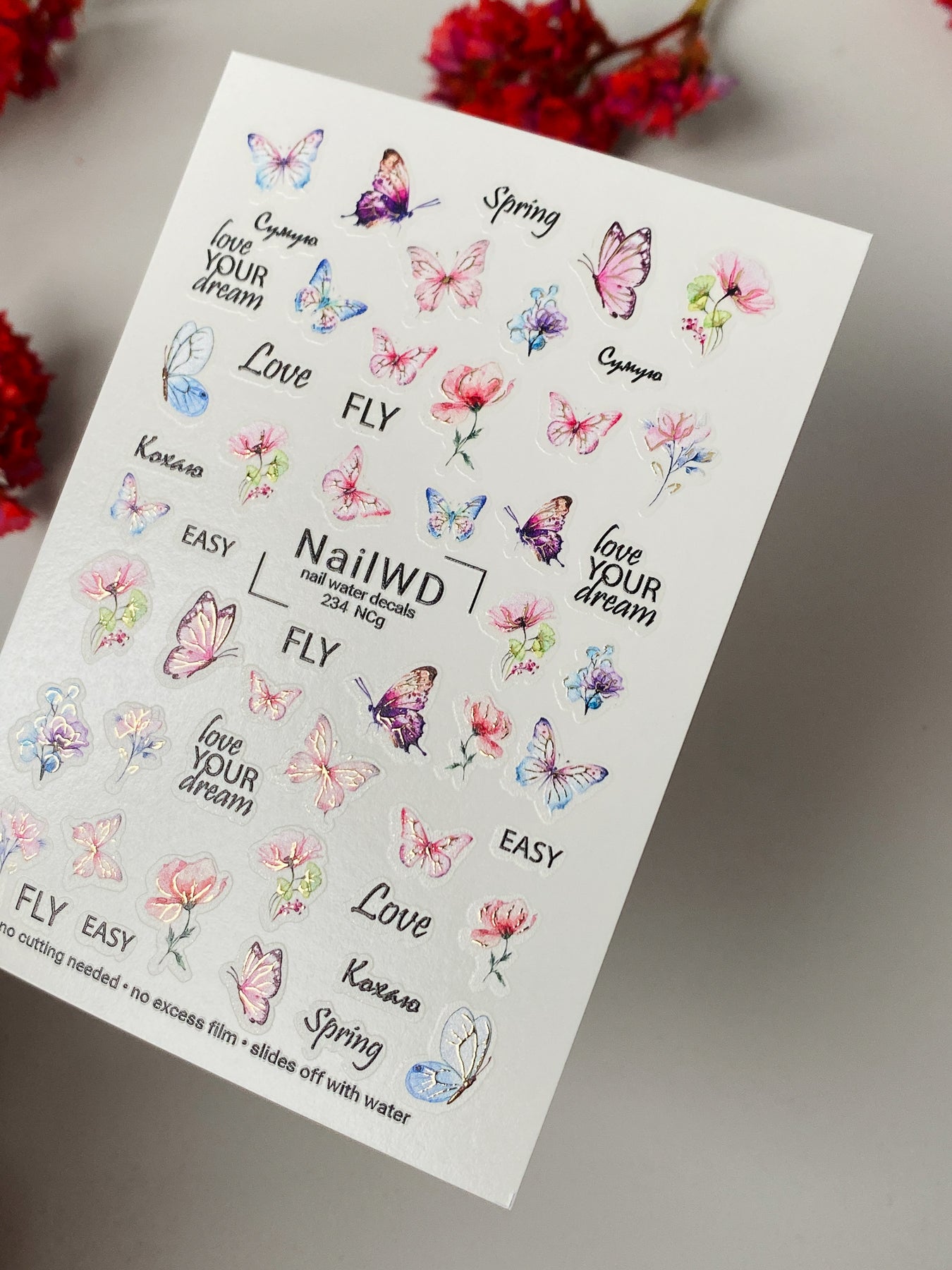 Nálepka na nehty 234 Nail WD | Vodní nálepky na nehty Barevní motýli a jarní květiny | Vodní nálepky na nehty s inspirativními citáty