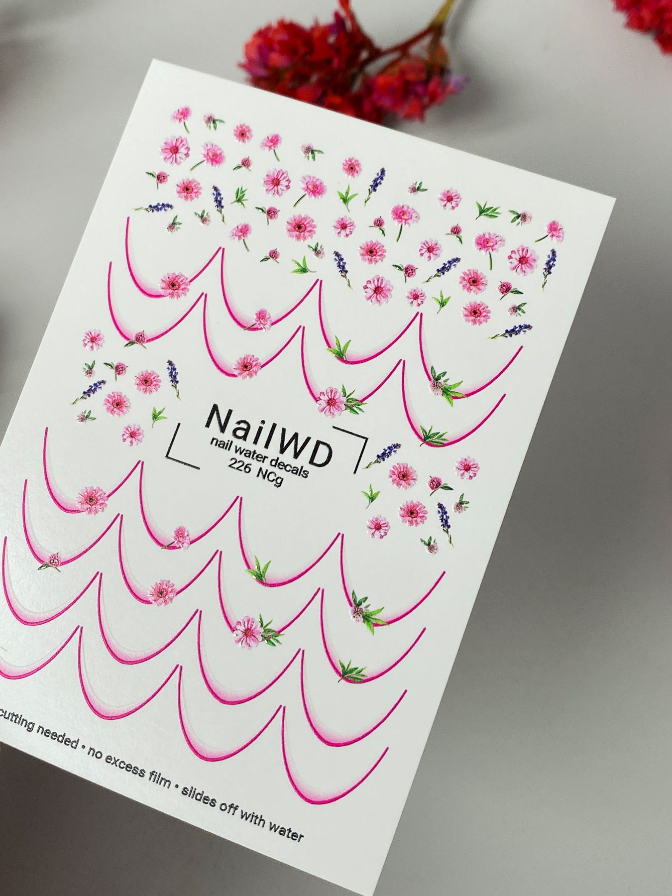 Nálepka na nehty 226 Nail WD | Vodní nálepky na nehty růžové květiny a levandule | Vodní nálepky na nehty francouzský design špiček