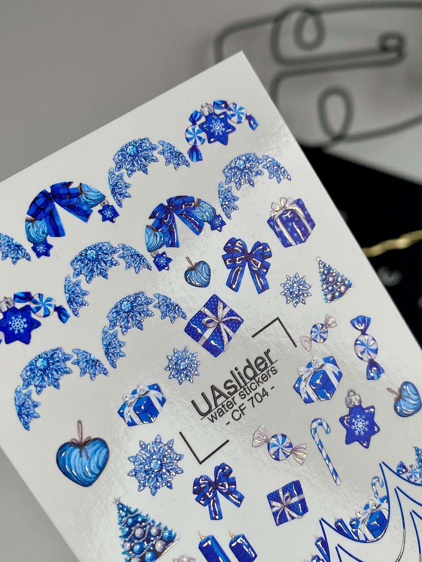 Adesivo de Água para Unhas CF-704 | Adesivos de Unhas com Deslizamento de Água de Natal | Flocos de Neve Azuis e Presentes de Feriado