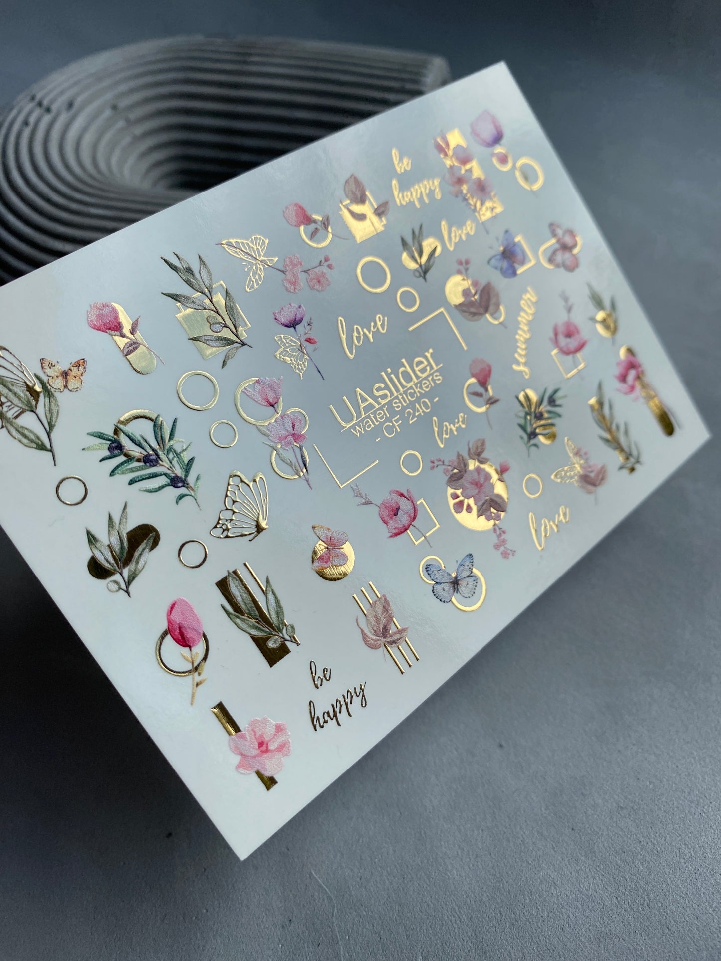 Nagel Wasserabziehbild CF-240 | Florale Wasser-Schiebefolien für Nägel | Rosa Blumen, Schmetterlinge & Goldene Geometrie