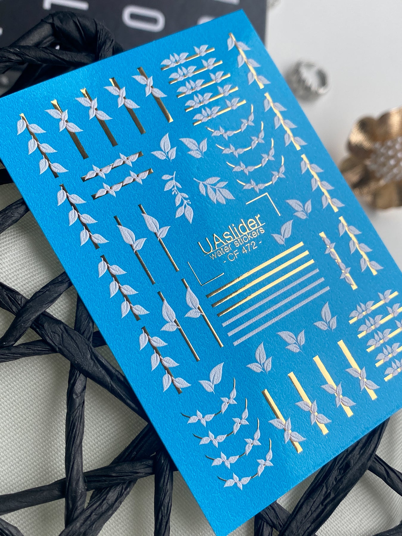 Nagel Wasserabziehbild CF-472 | Botanische Nagelabziehbilder | Minimalistische Blatt- & Goldlinien-Aufkleber
