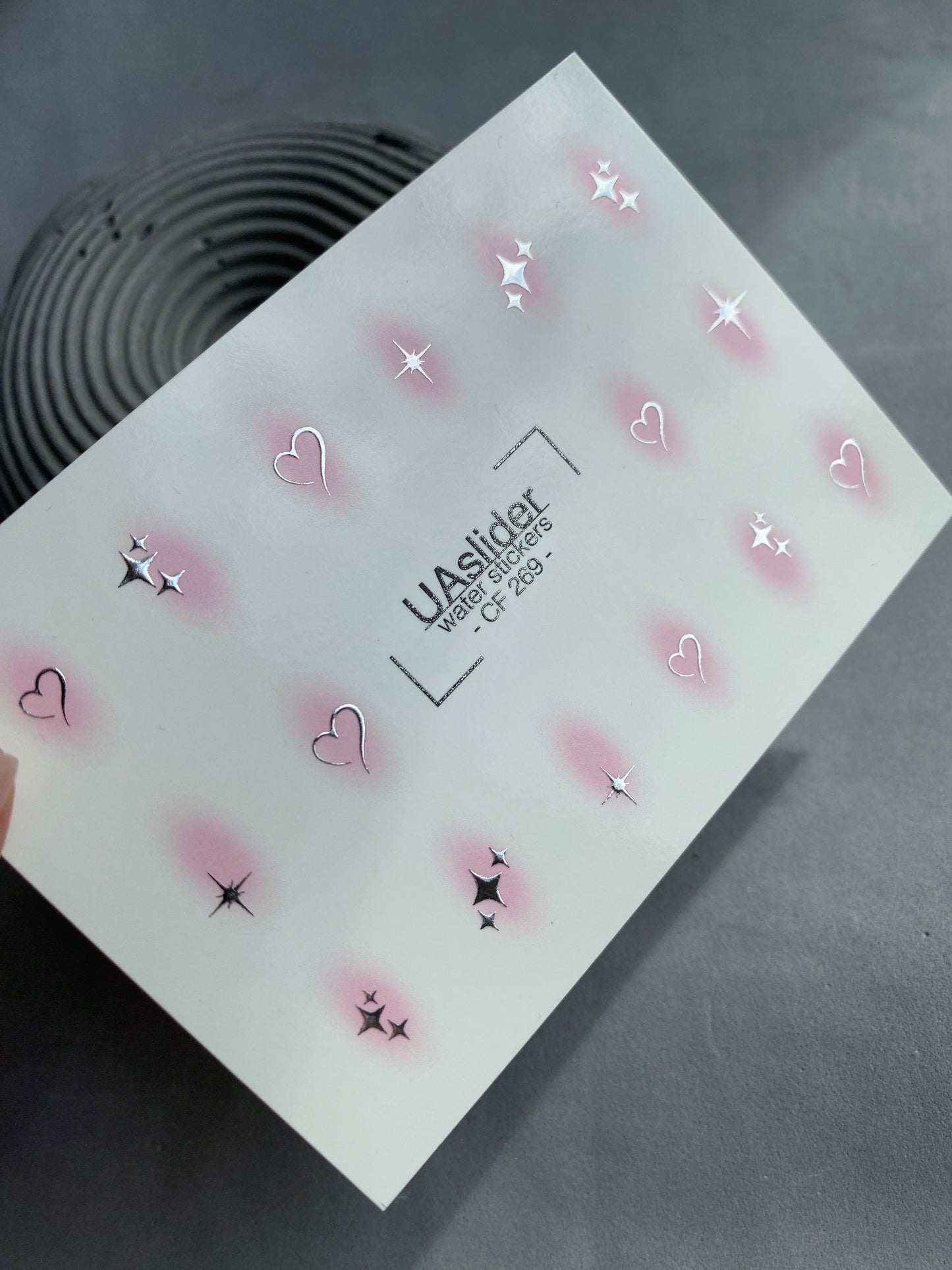 Décalcomanie d'ongles à l'eau CF-269 | Décalcomanies à glissière d'eau pour ongles | Étoiles et cœurs argentés avec éclat rose