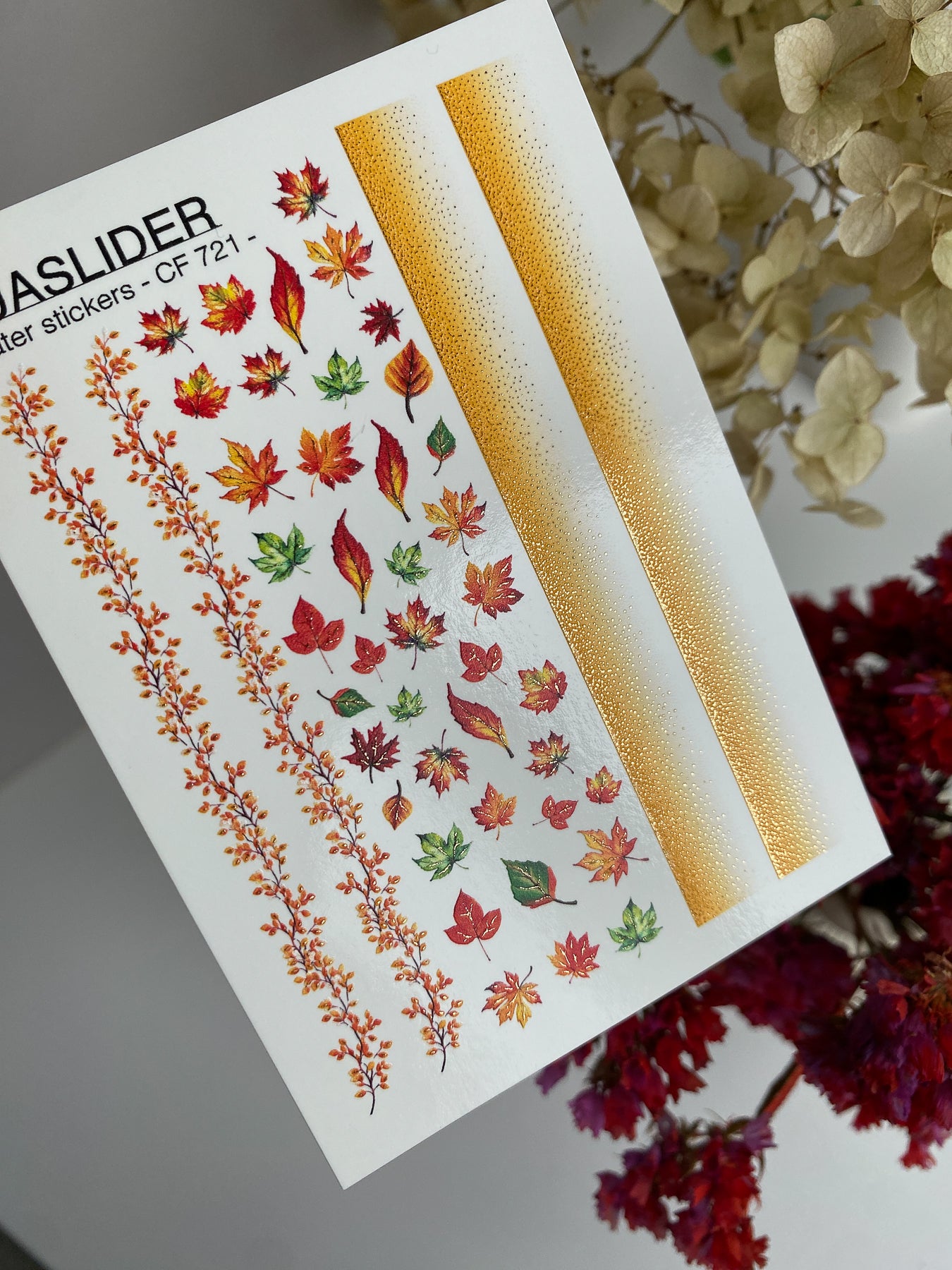 Nagel-Wasserabziehbild CF-721 | Wasser-Schiebefolien für Nägel | Herbst-Ahornblätter und Farbverlauf-Streifen